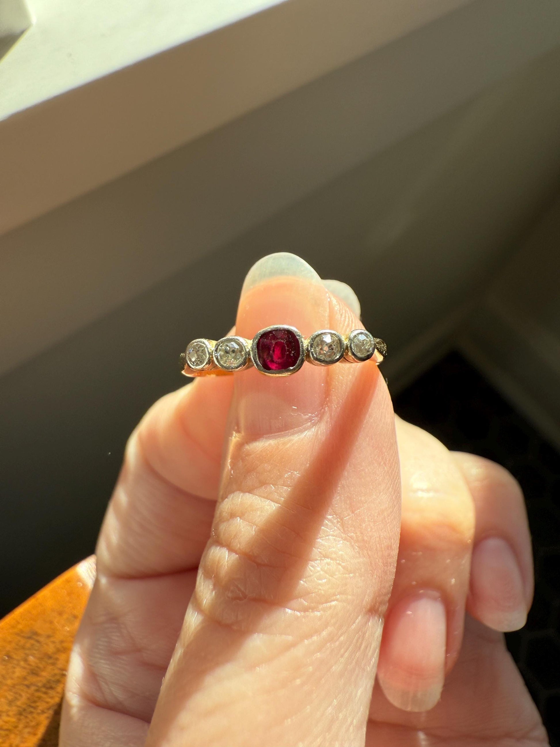 RUBY & Old Mine Cut DIAMOND Five Stone Band 18k Gold Platinum Edwardian Antique Bezel Ring Romantic Gift Blue Wedding Stacker