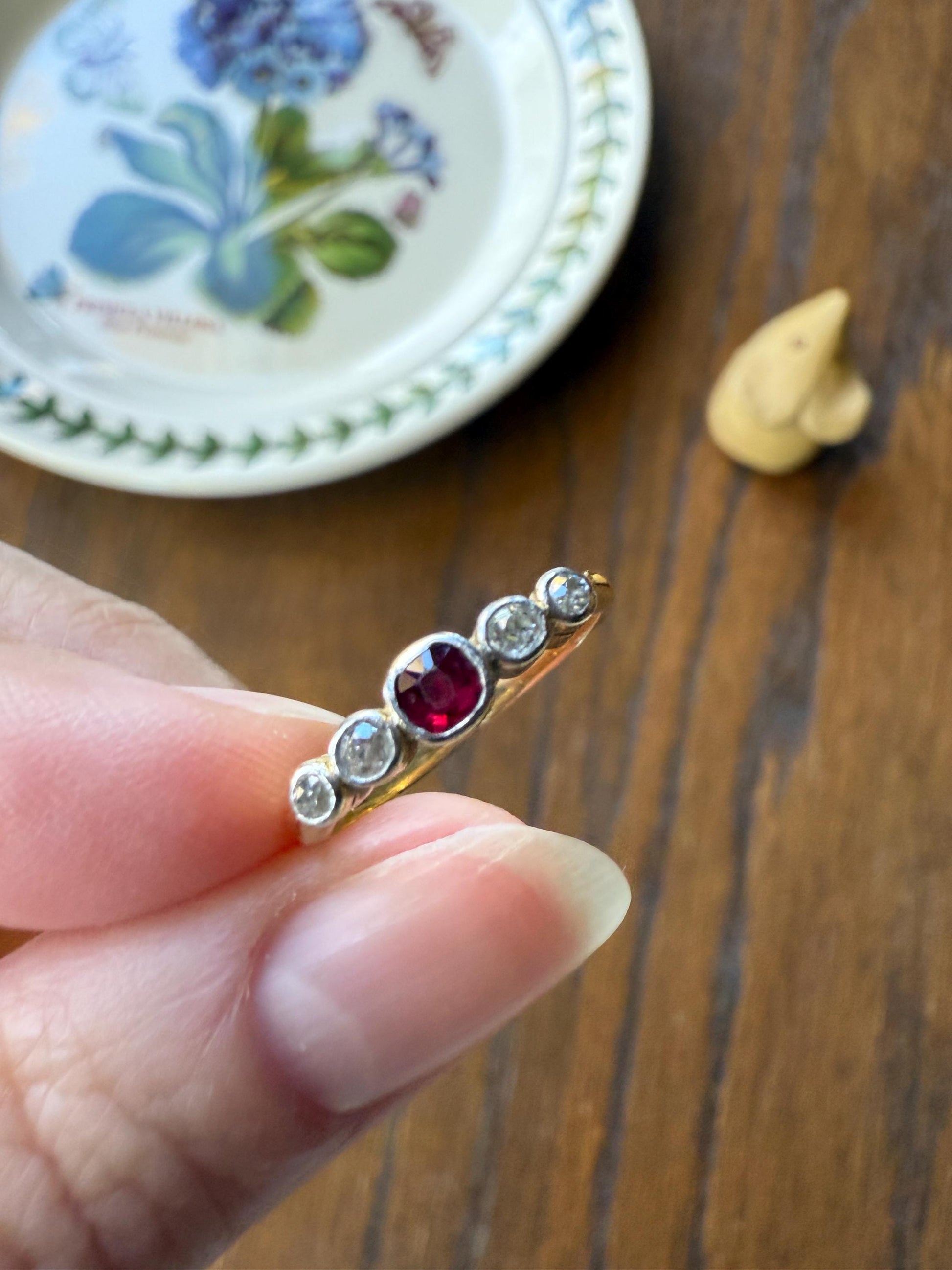 RUBY & Old Mine Cut DIAMOND Five Stone Band 18k Gold Platinum Edwardian Antique Bezel Ring Romantic Gift Blue Wedding Stacker