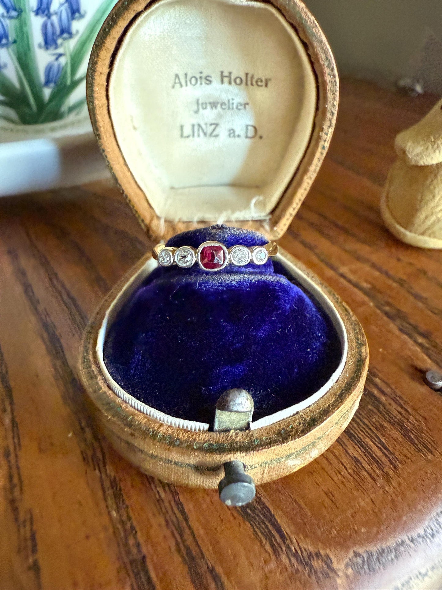 RUBY & Old Mine Cut DIAMOND Five Stone Band 18k Gold Platinum Edwardian Antique Bezel Ring Romantic Gift Blue Wedding Stacker