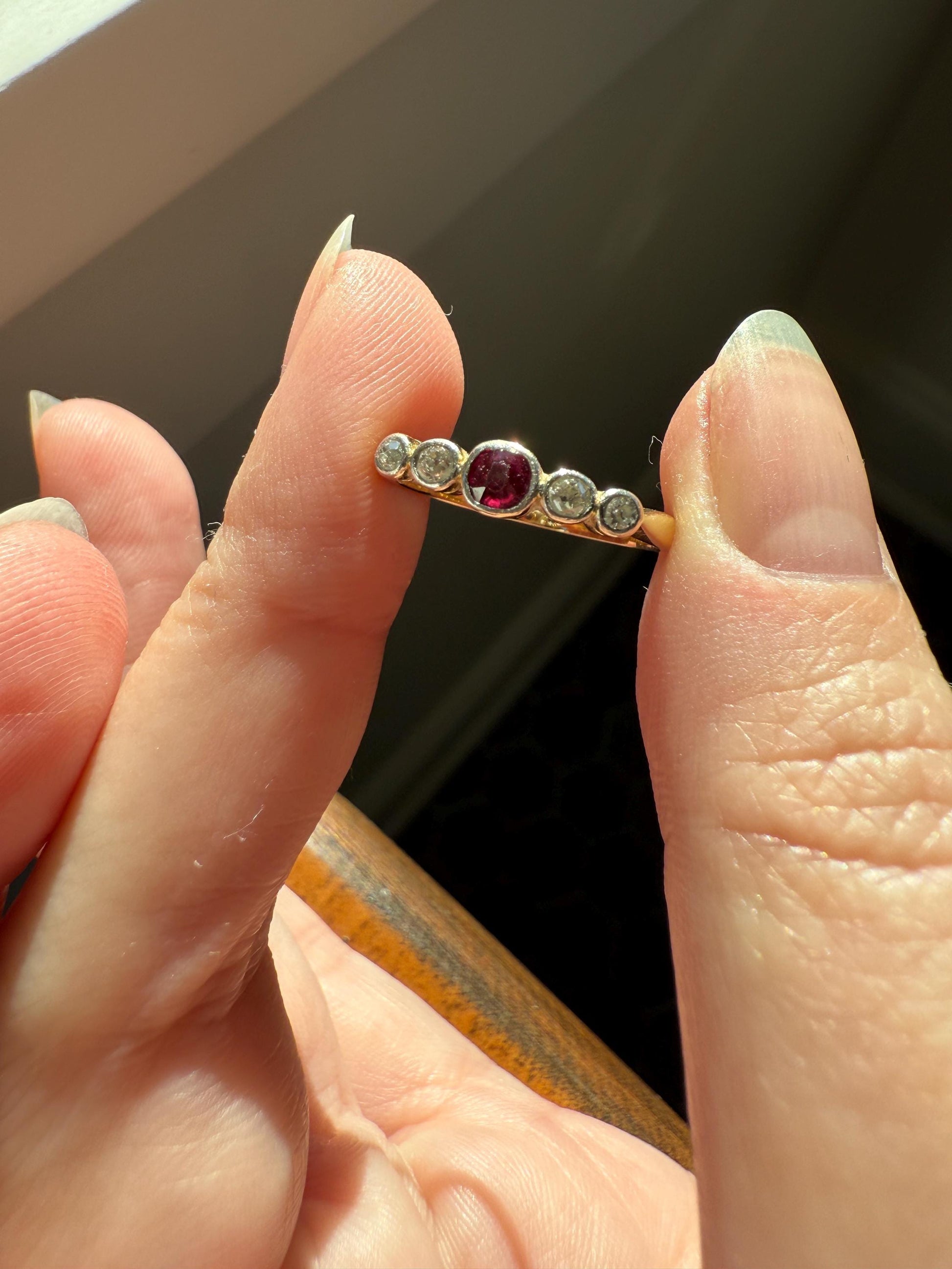 RUBY & Old Mine Cut DIAMOND Five Stone Band 18k Gold Platinum Edwardian Antique Bezel Ring Romantic Gift Blue Wedding Stacker