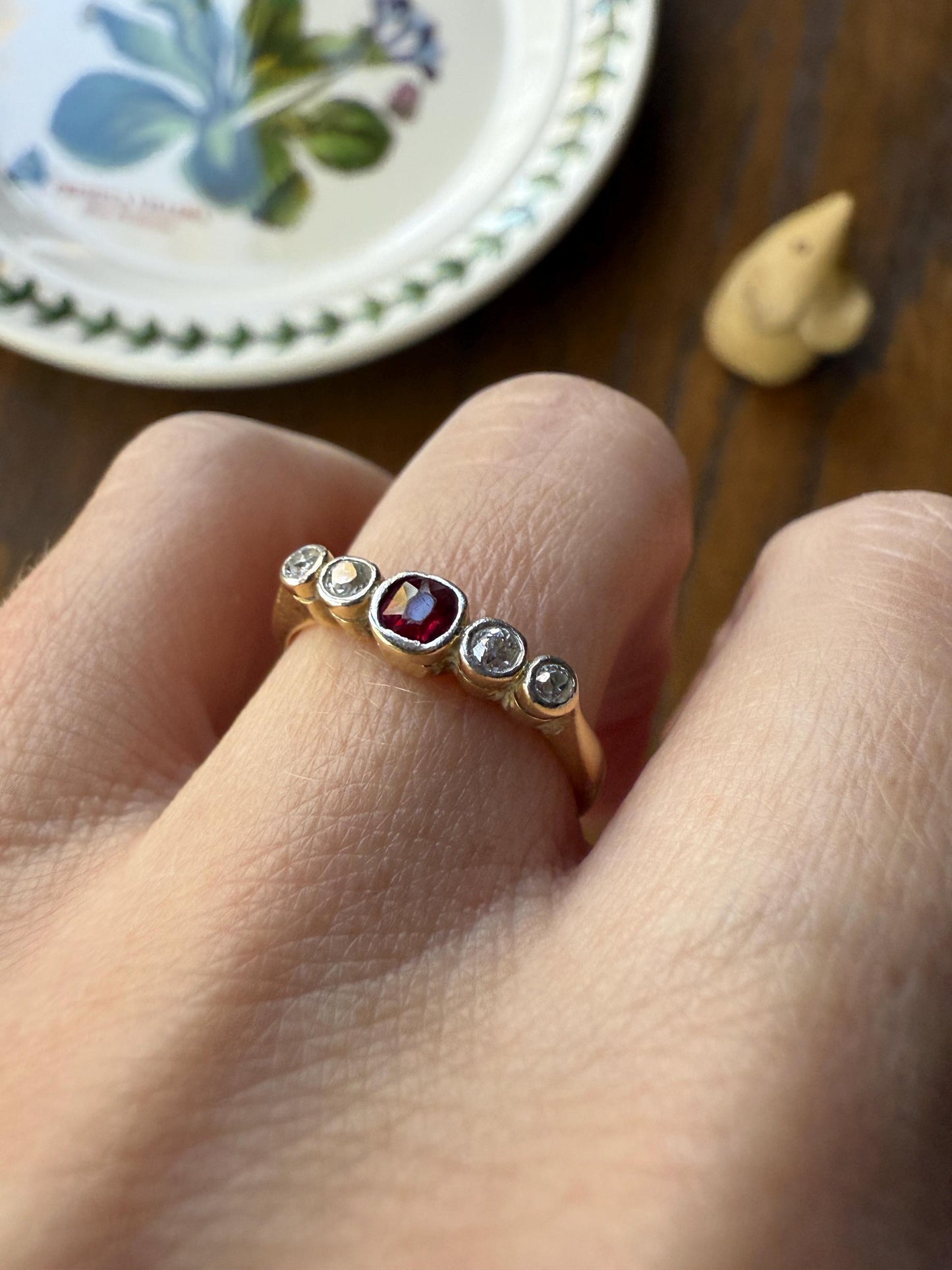 RUBY & Old Mine Cut DIAMOND Five Stone Band 18k Gold Platinum Edwardian Antique Bezel Ring Romantic Gift Blue Wedding Stacker