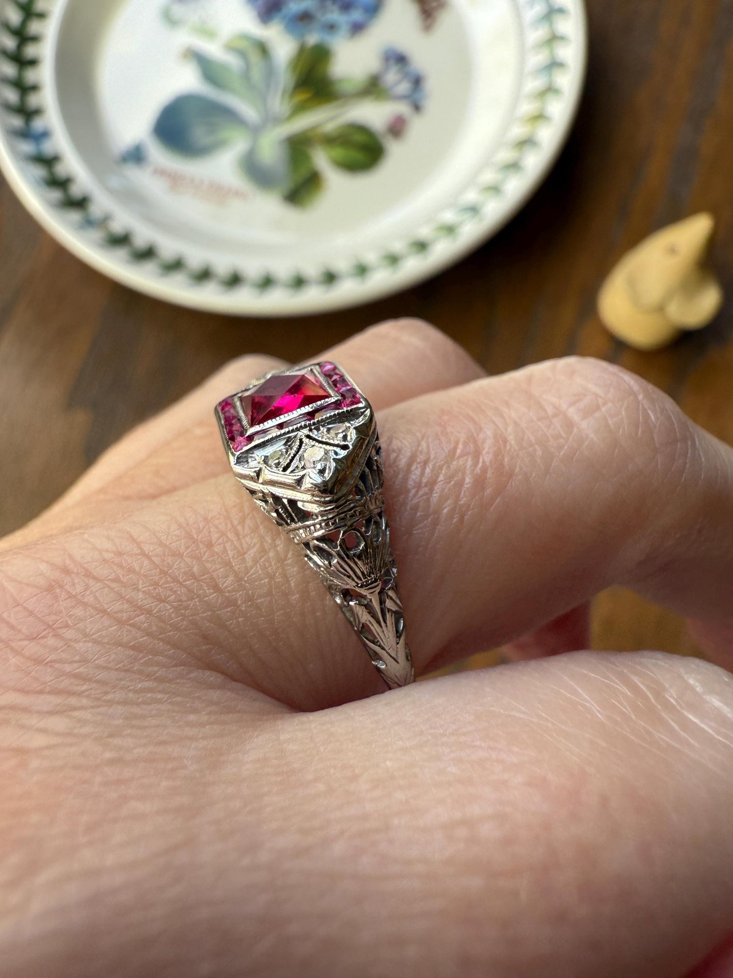 Antique Art Deco French Cut Pink RUBY Old Single Cut Diamond Ornate Filigree Ring Elongated Rectangle Halo 14k White Gold Floral Swirls