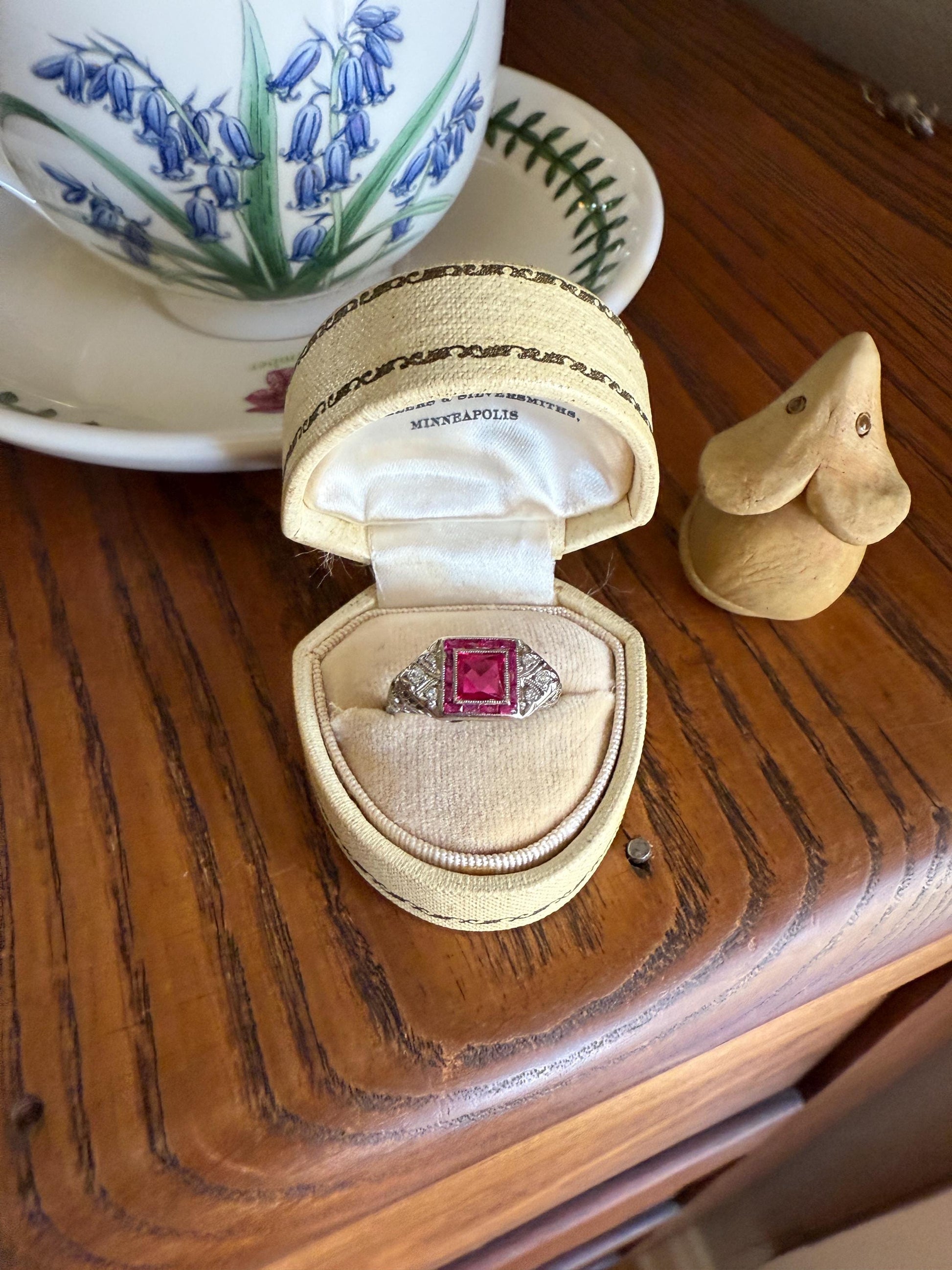 Antique Art Deco French Cut Pink RUBY Old Single Cut Diamond Ornate Filigree Ring Elongated Rectangle Halo 14k White Gold Floral Swirls