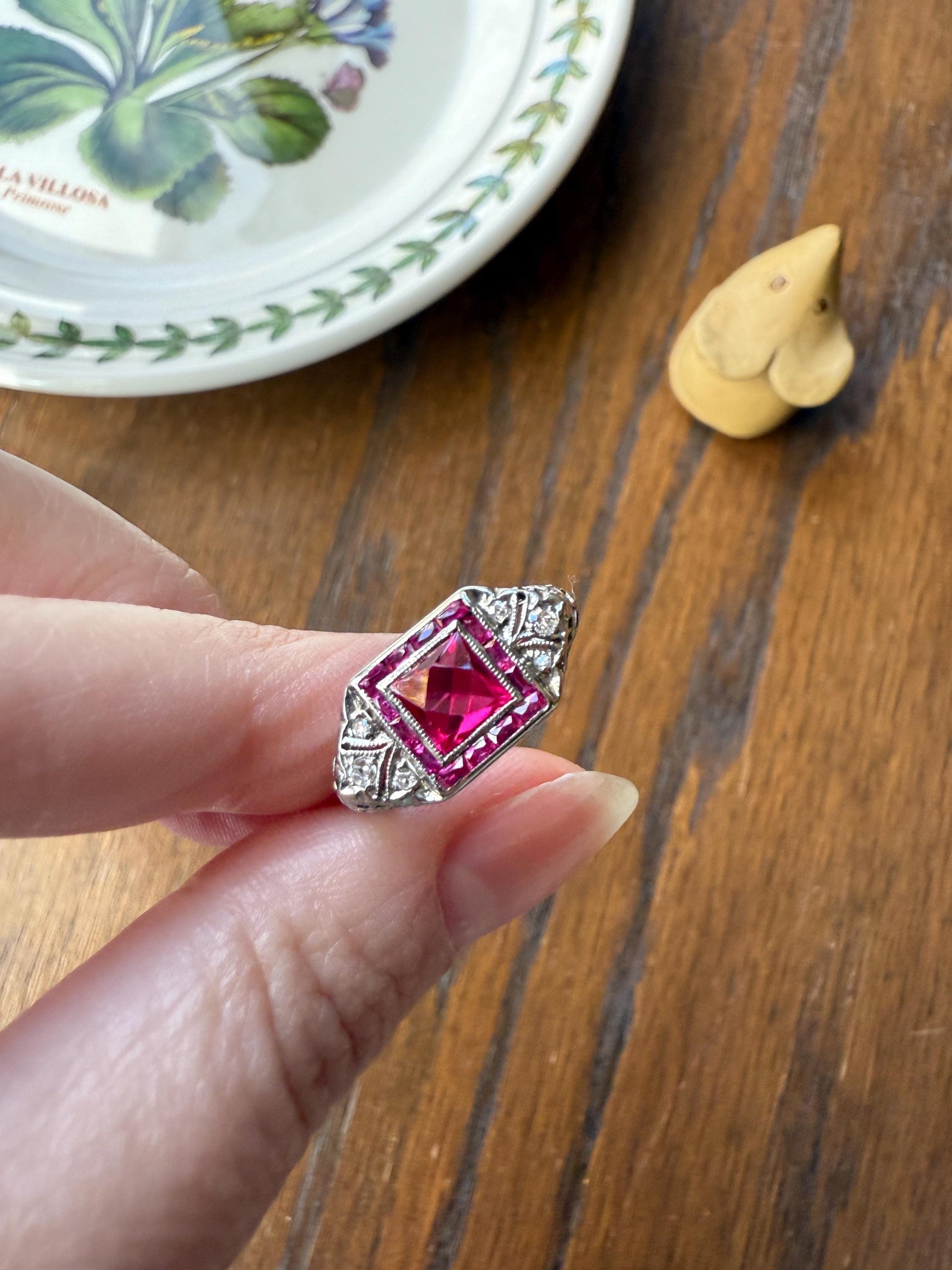 Antique Art Deco French Cut Pink RUBY Old Single Cut Diamond Ornate Filigree Ring Elongated Rectangle Halo 14k White Gold Floral Swirls