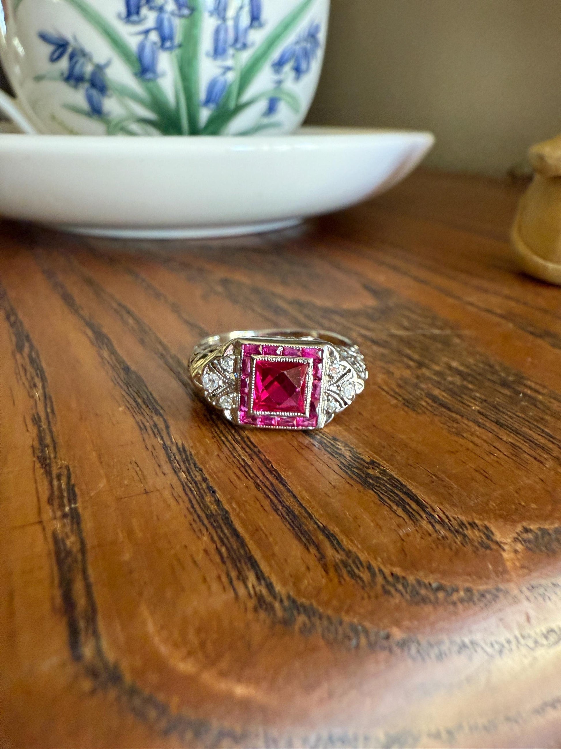 Antique Art Deco French Cut Pink RUBY Old Single Cut Diamond Ornate Filigree Ring Elongated Rectangle Halo 14k White Gold Floral Swirls