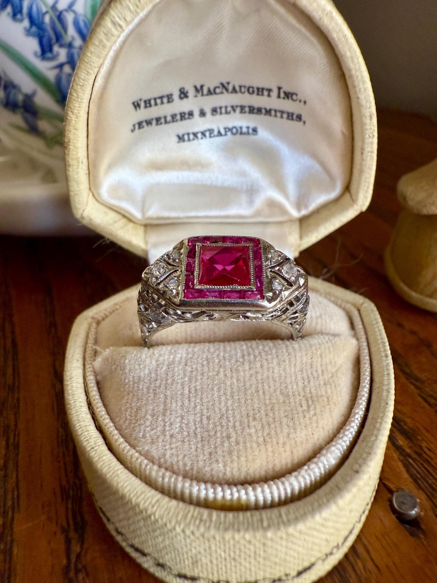 Antique Art Deco French Cut Pink RUBY Old Single Cut Diamond Ornate Filigree Ring Elongated Rectangle Halo 14k White Gold Floral Swirls