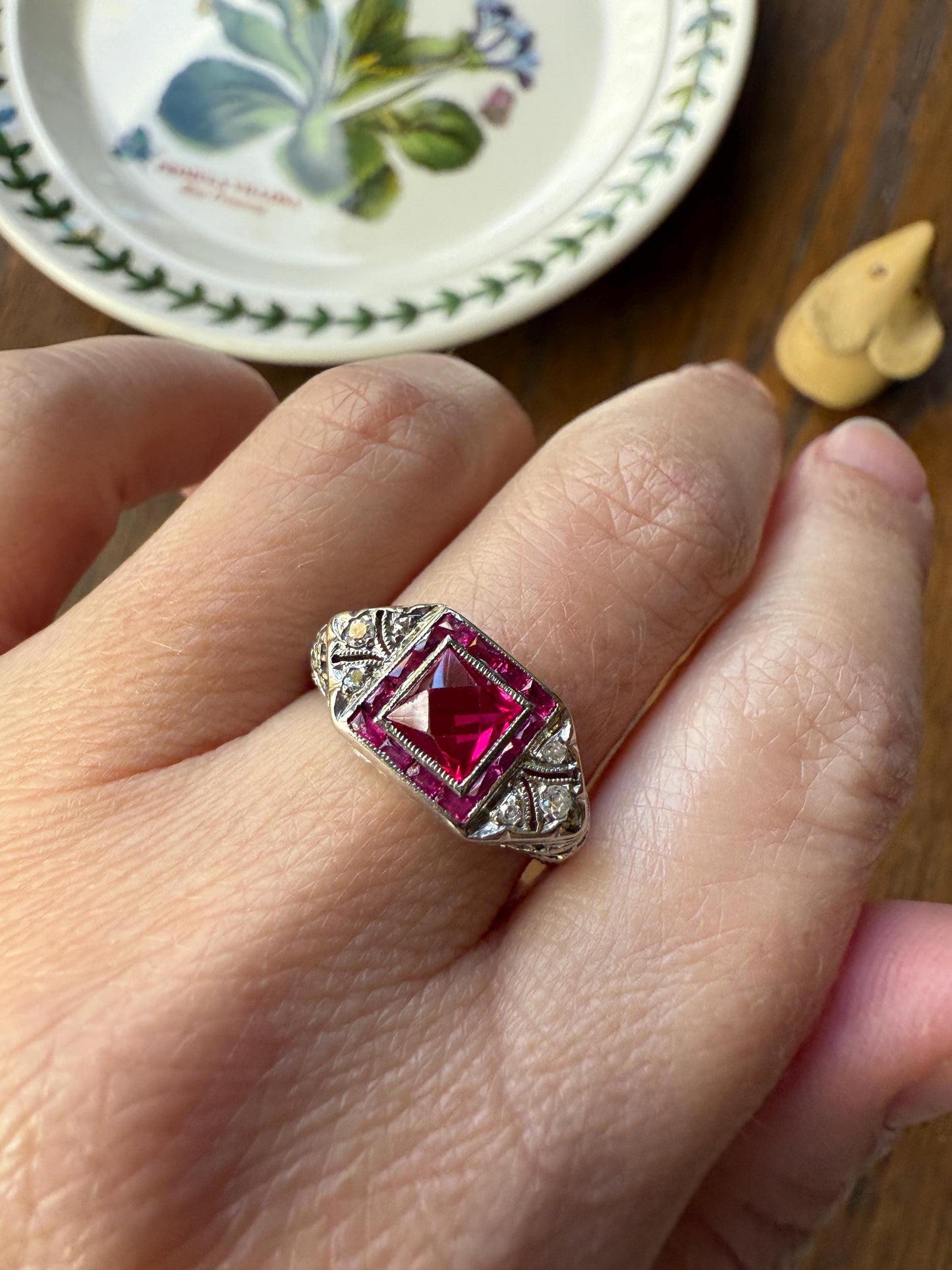 Antique Art Deco French Cut Pink RUBY Old Single Cut Diamond Ornate Filigree Ring Elongated Rectangle Halo 14k White Gold Floral Swirls