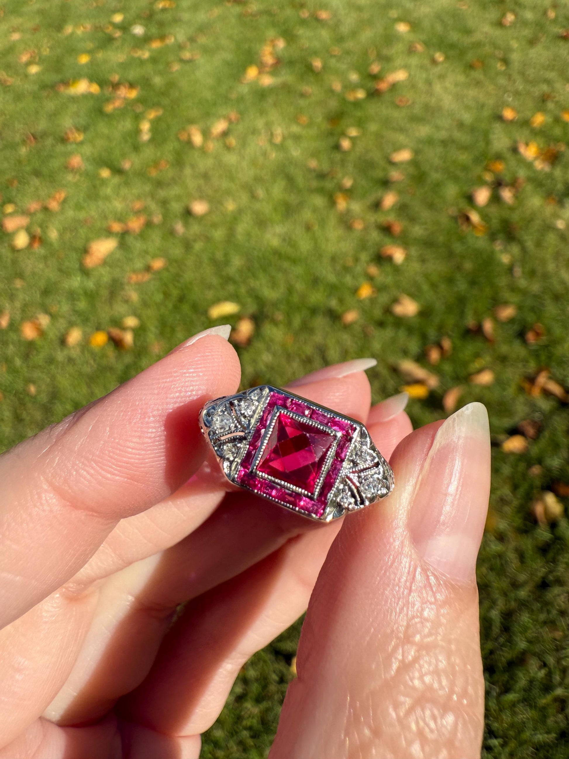 Antique Art Deco French Cut Pink RUBY Old Single Cut Diamond Ornate Filigree Ring Elongated Rectangle Halo 14k White Gold Floral Swirls
