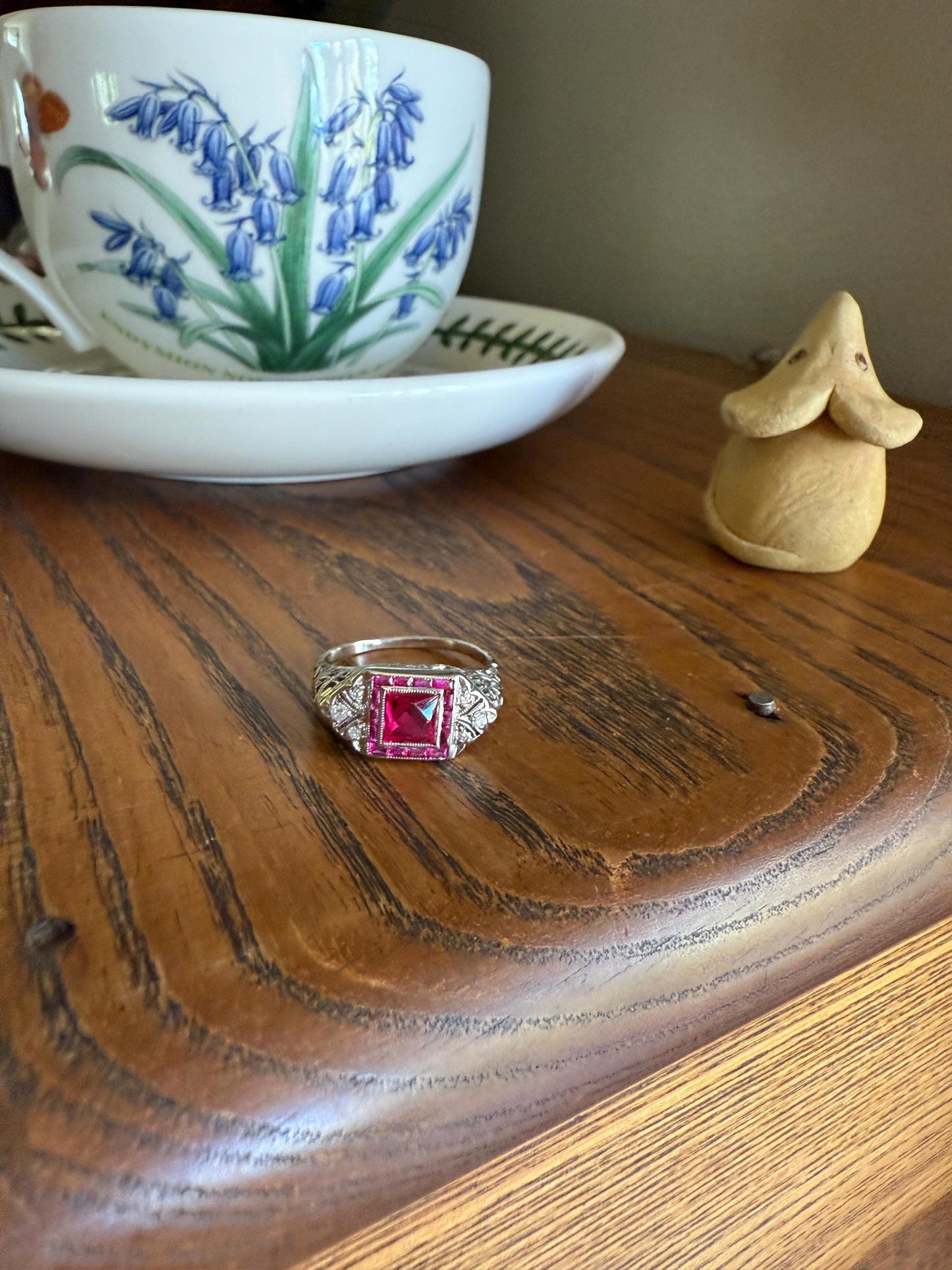 Antique Art Deco French Cut Pink RUBY Old Single Cut Diamond Ornate Filigree Ring Elongated Rectangle Halo 14k White Gold Floral Swirls