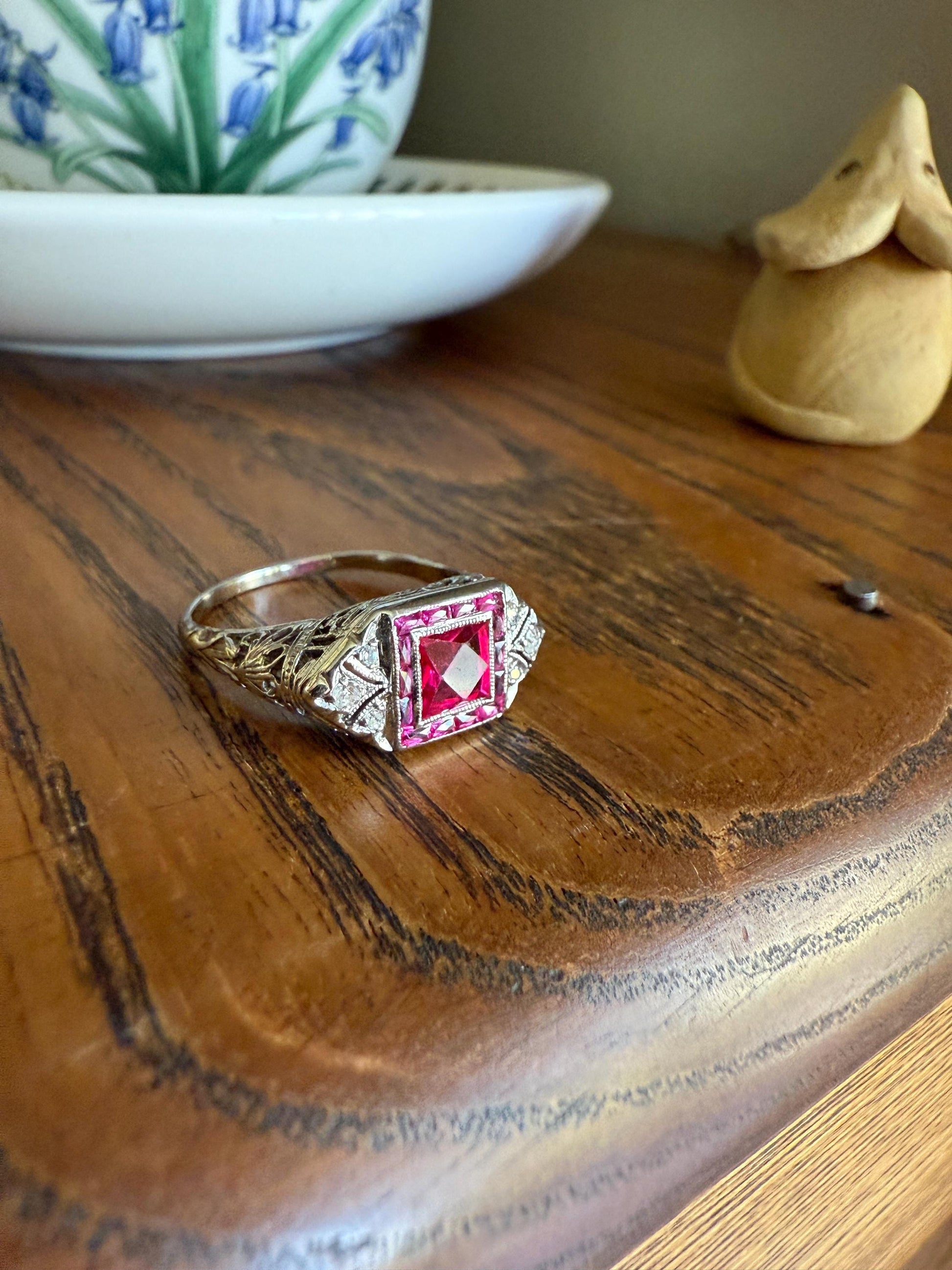 Antique Art Deco French Cut Pink RUBY Old Single Cut Diamond Ornate Filigree Ring Elongated Rectangle Halo 14k White Gold Floral Swirls