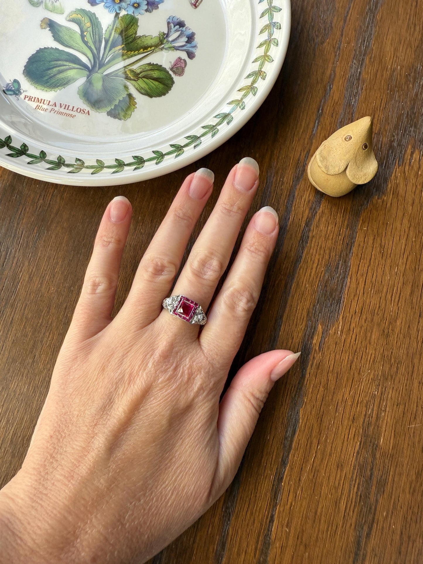 Antique Art Deco French Cut Pink RUBY Old Single Cut Diamond Ornate Filigree Ring Elongated Rectangle Halo 14k White Gold Floral Swirls