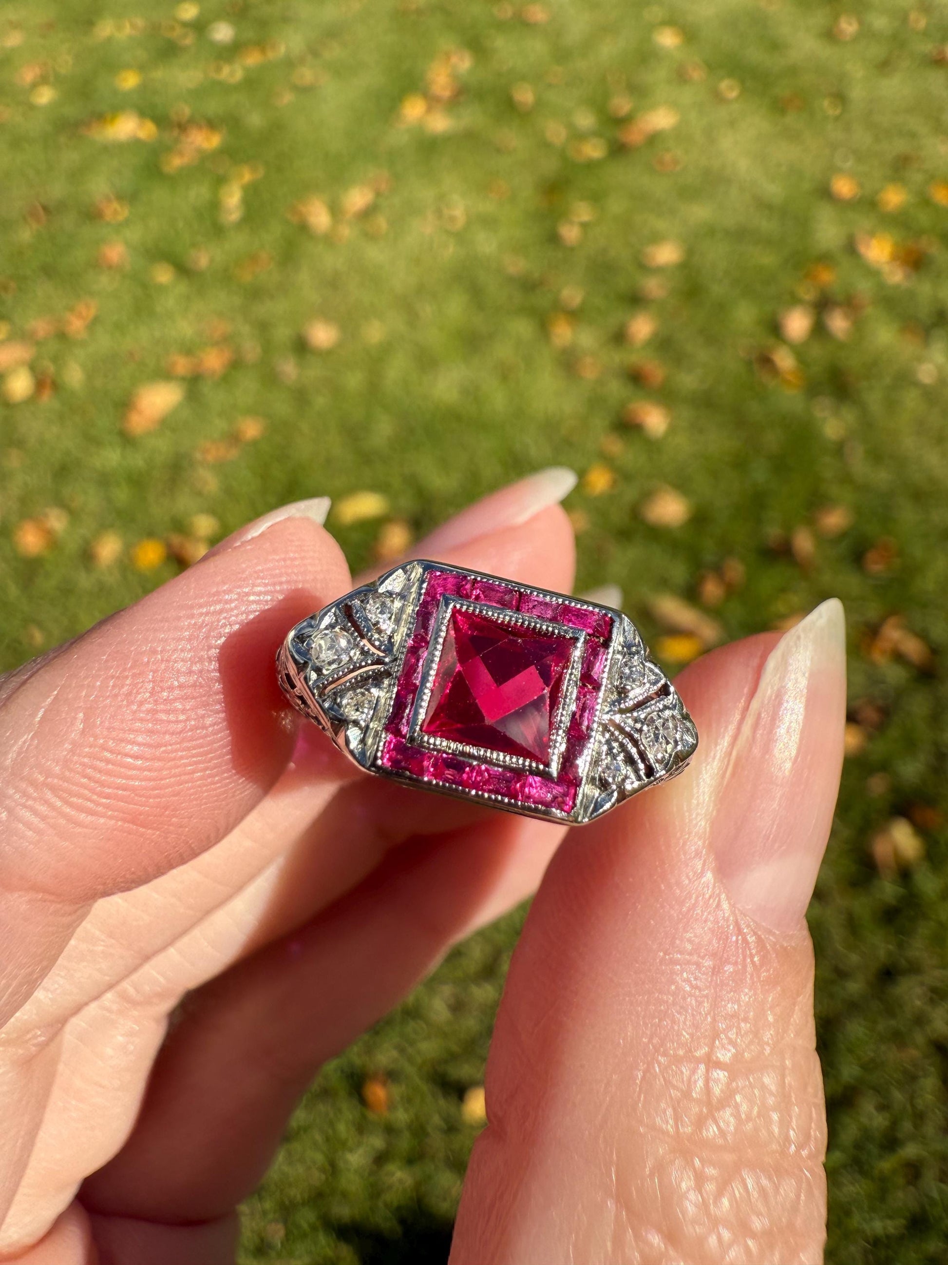 Antique Art Deco French Cut Pink RUBY Old Single Cut Diamond Ornate Filigree Ring Elongated Rectangle Halo 14k White Gold Floral Swirls