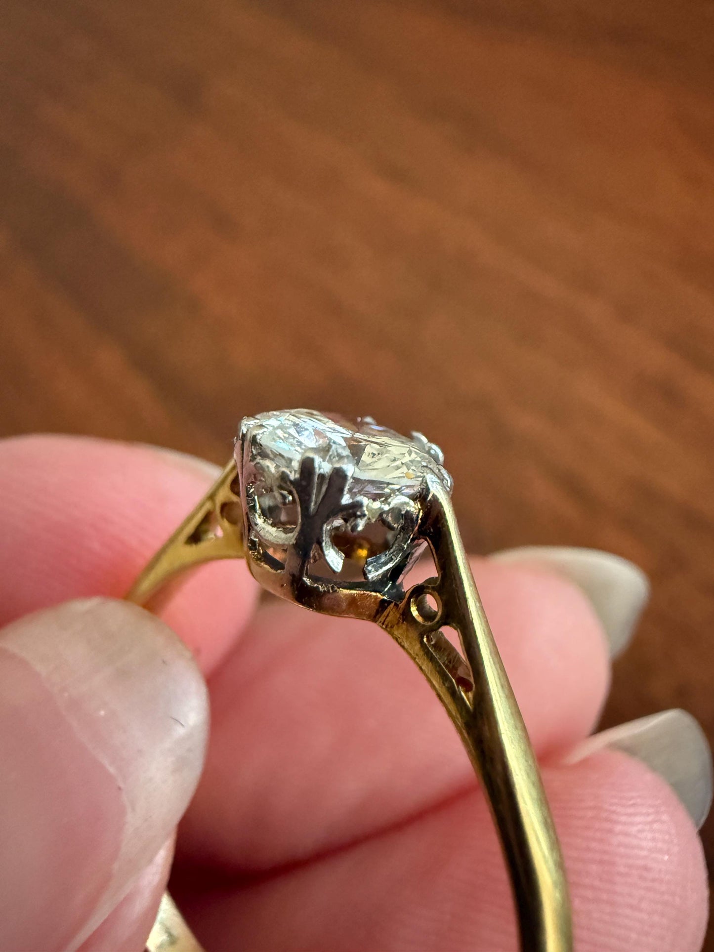 Art Deco Vintage to Antique .8 Carat Transitional Cut DIAMOND Solitaire 18k Gold Platinum Ring Engagement Stacker Crown Prong Romantic Gift