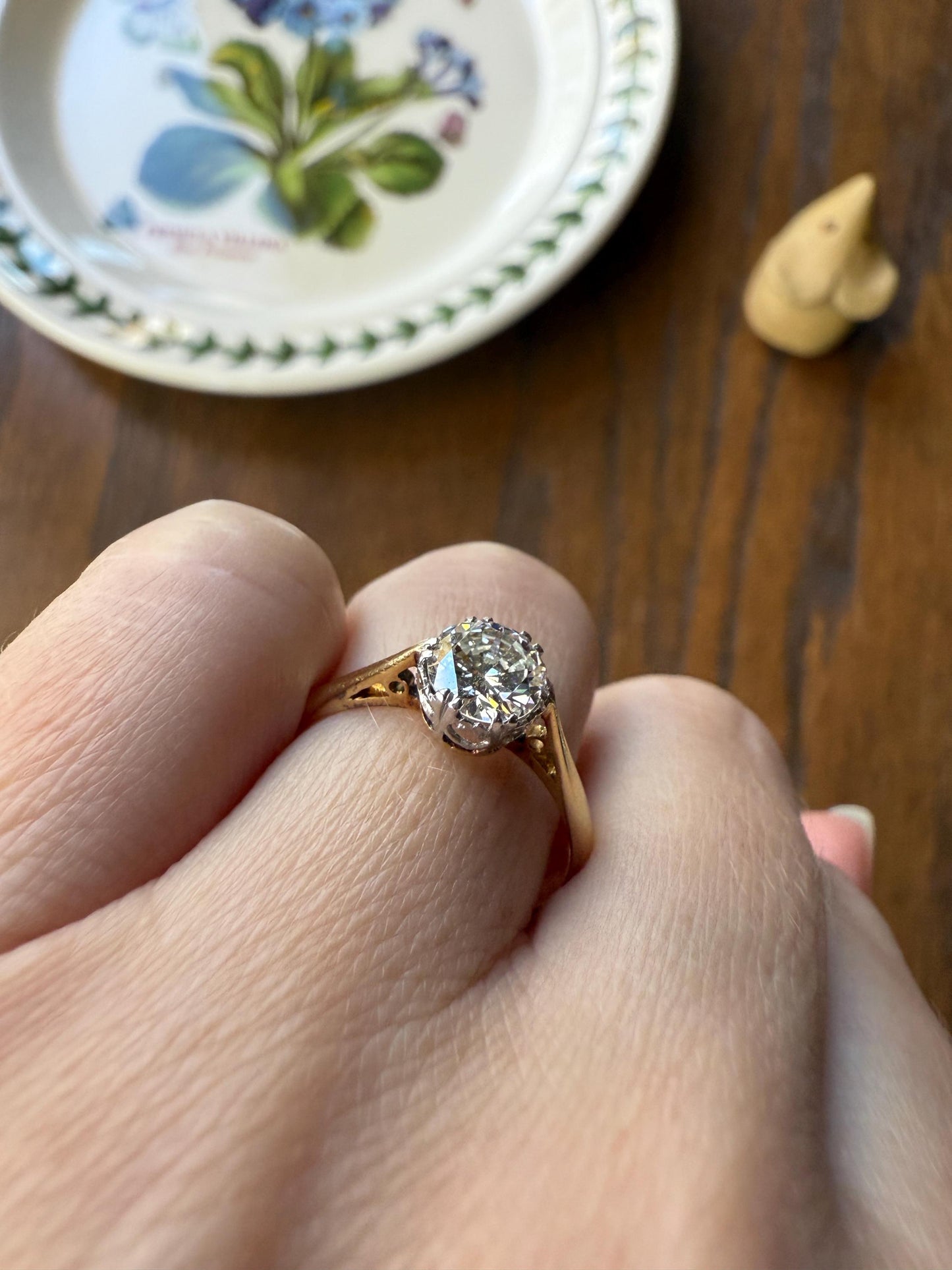 Art Deco Vintage to Antique .8 Carat Transitional Cut DIAMOND Solitaire 18k Gold Platinum Ring Engagement Stacker Crown Prong Romantic Gift