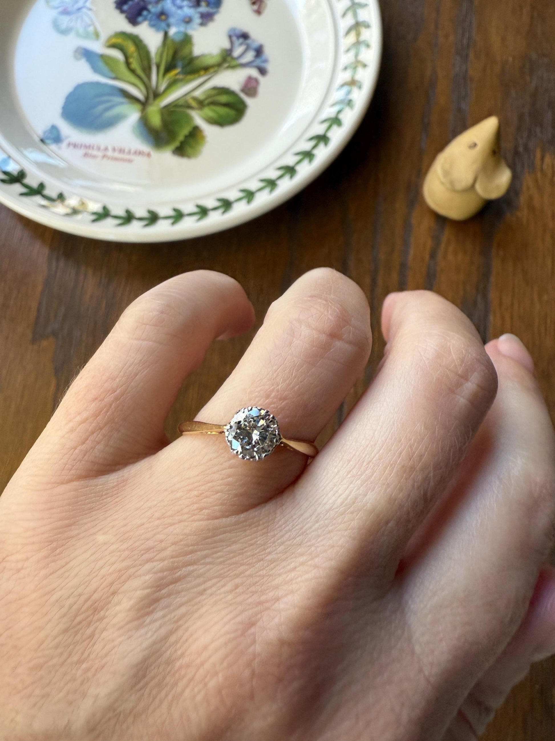 Art Deco Vintage to Antique .8 Carat Transitional Cut DIAMOND Solitaire 18k Gold Platinum Ring Engagement Stacker Crown Prong Romantic Gift