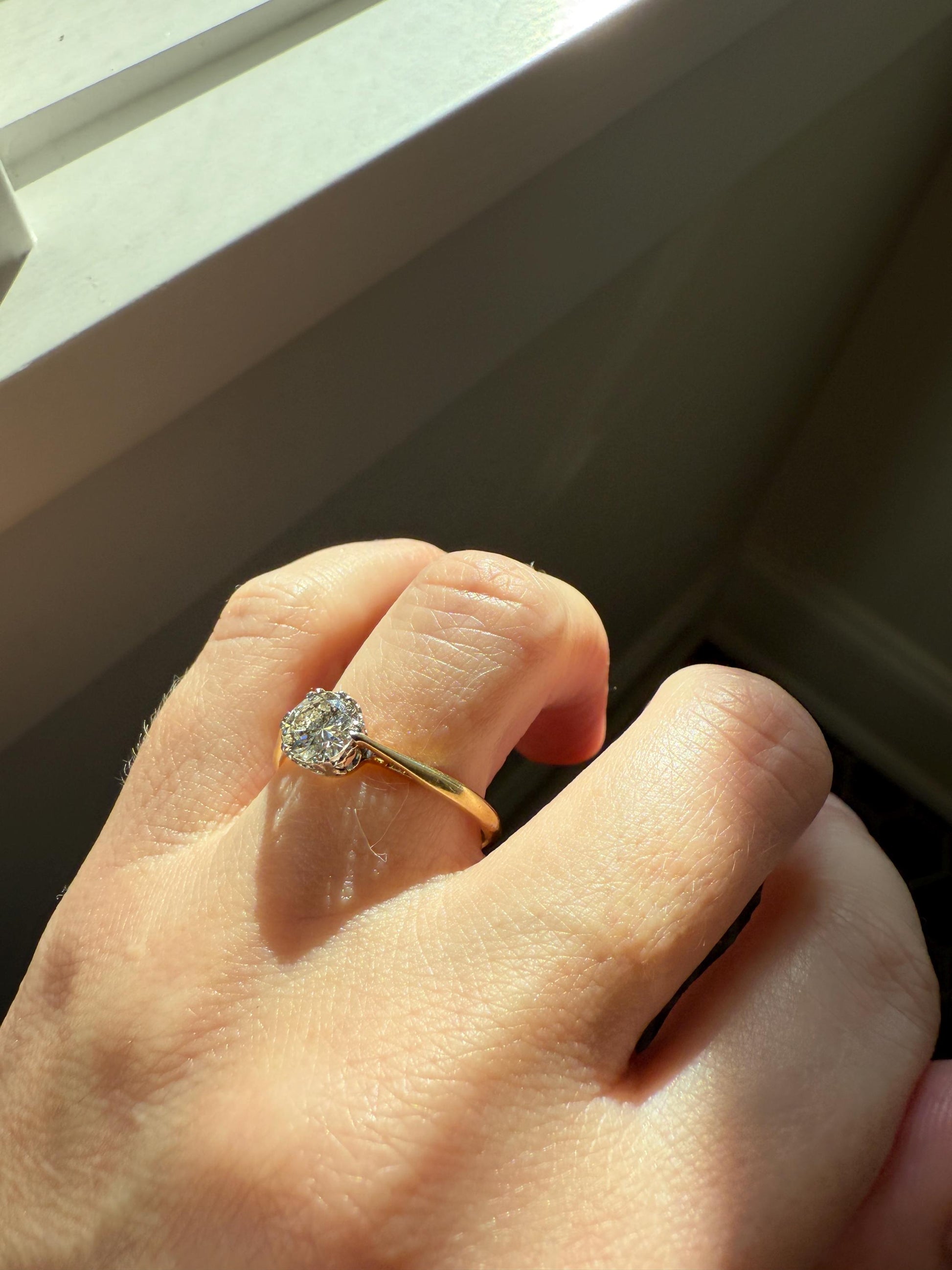 Art Deco Vintage to Antique .8 Carat Transitional Cut DIAMOND Solitaire 18k Gold Platinum Ring Engagement Stacker Crown Prong Romantic Gift