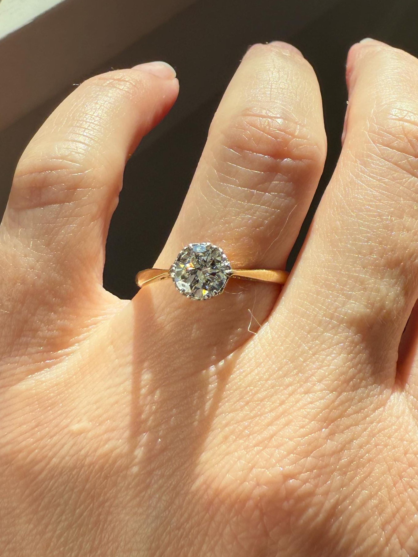 Art Deco Vintage to Antique .8 Carat Transitional Cut DIAMOND Solitaire 18k Gold Platinum Ring Engagement Stacker Crown Prong Romantic Gift