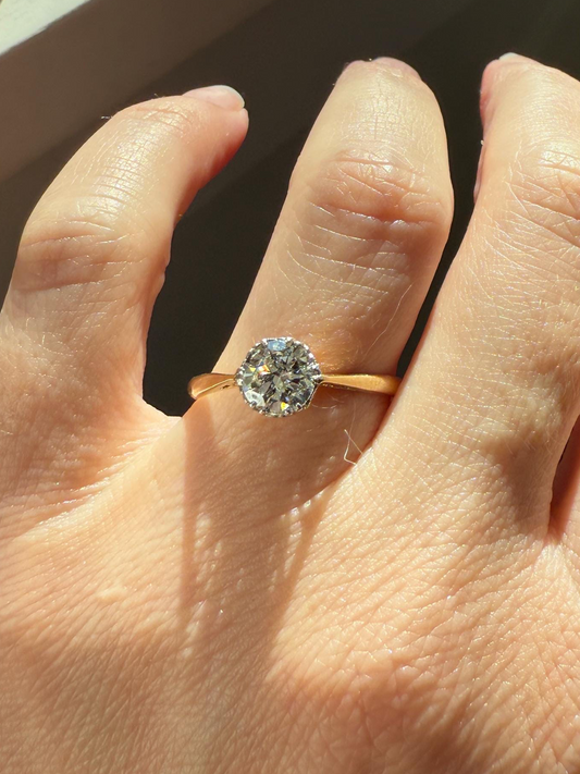 Art Deco Vintage to Antique .8 Carat Transitional Cut DIAMOND Solitaire 18k Gold Platinum Ring Engagement Stacker Crown Prong Romantic Gift