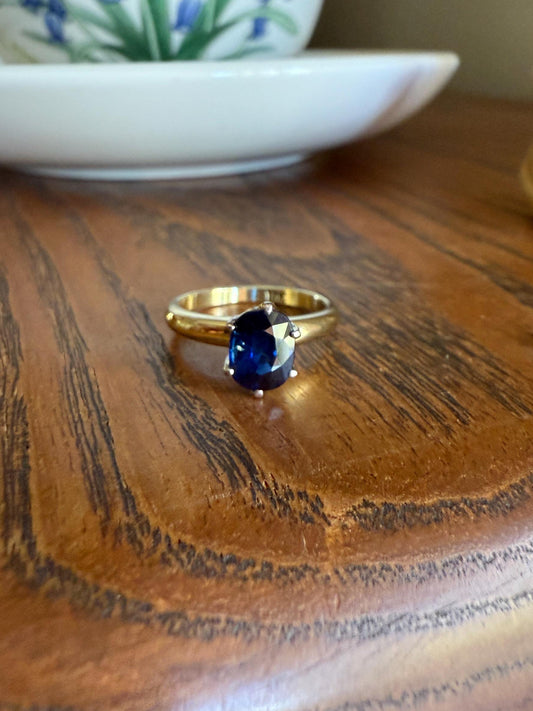 Antique Natural Sapphire Tall Solitaire Ring 14k Gold True Blue Oval Stacker Royal Glow Alternative Engagement Ring Daily Wearer A+ Stone