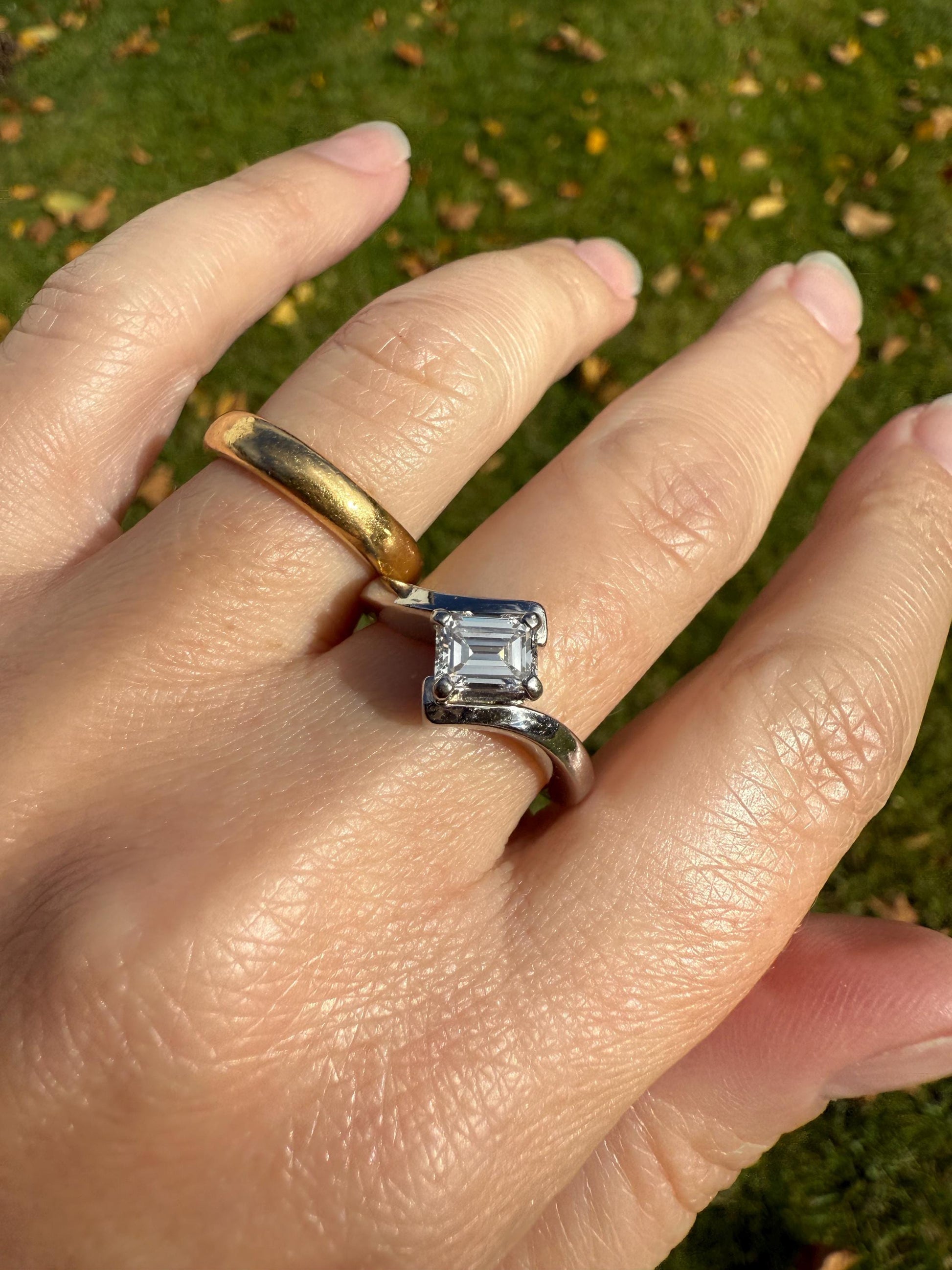 Vintage .75 Carat Emerald Cut DIAMOND Eye Clean & Bright White! Platinum Bypass Ring Retro Solitaire Stacker Engagement Ring Asymmetrical