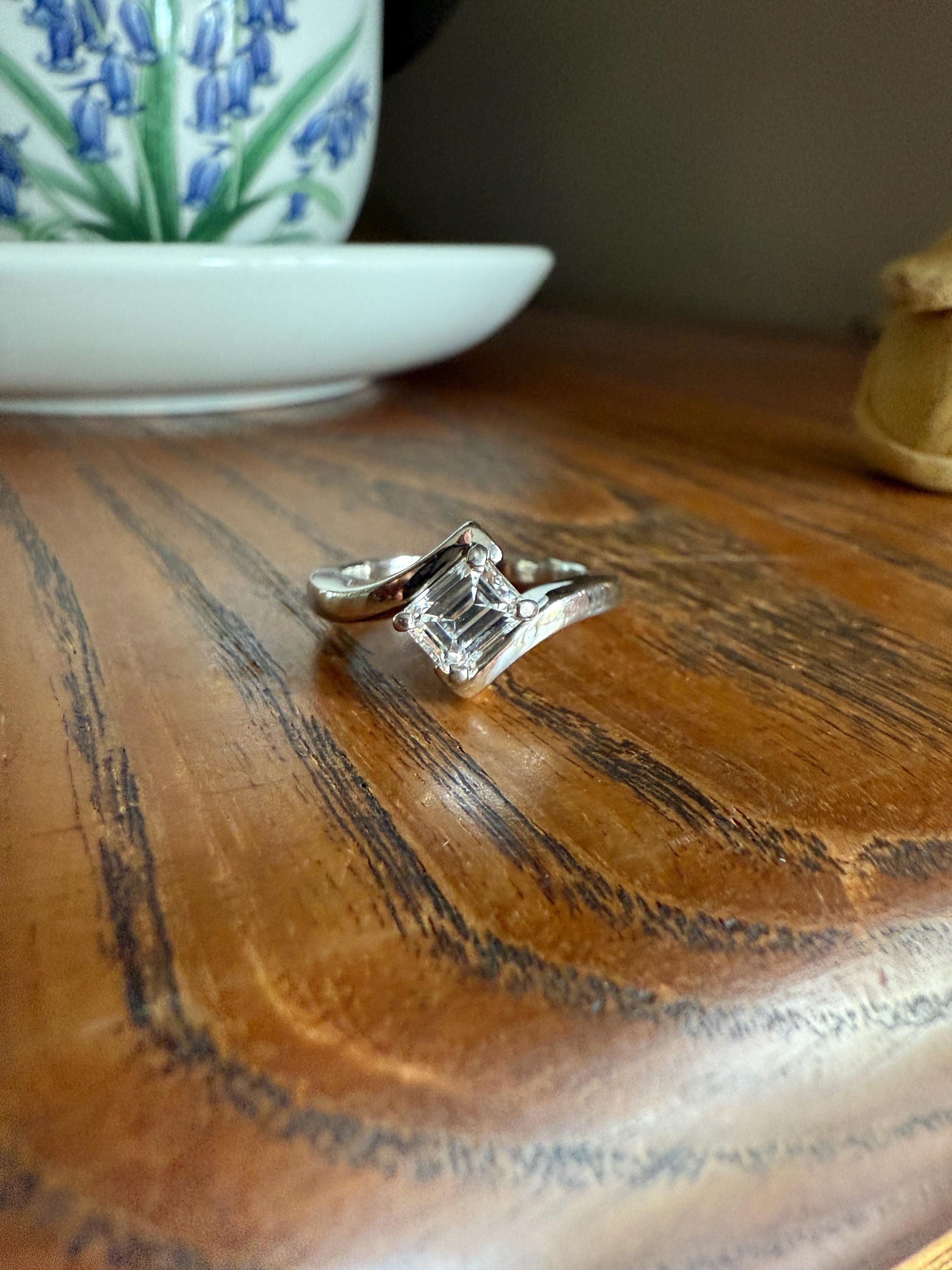 Vintage .75 Carat Emerald Cut DIAMOND Eye Clean & Bright White! Platinum Bypass Ring Retro Solitaire Stacker Engagement Ring Asymmetrical