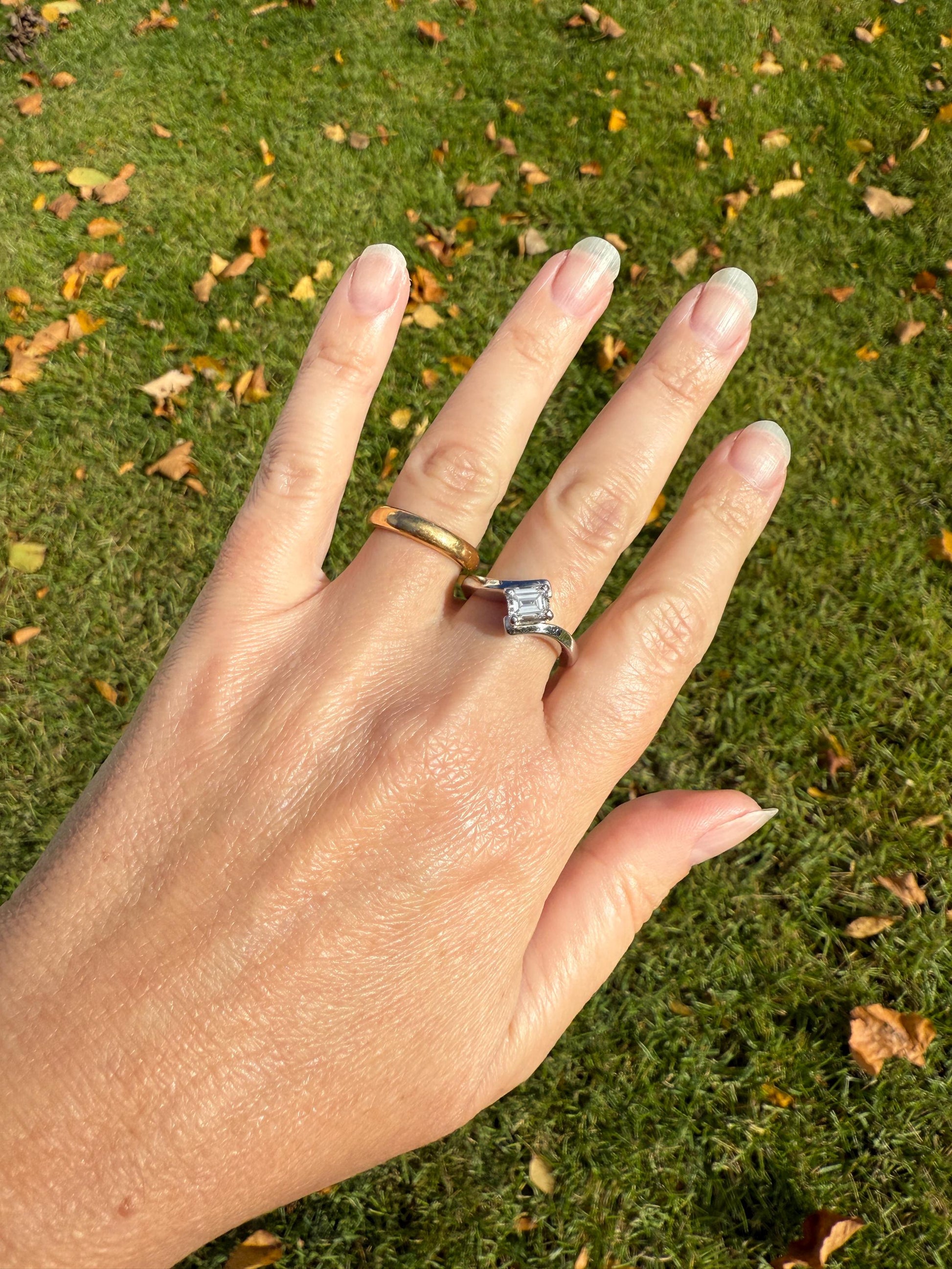 Vintage .75 Carat Emerald Cut DIAMOND Eye Clean & Bright White! Platinum Bypass Ring Retro Solitaire Stacker Engagement Ring Asymmetrical