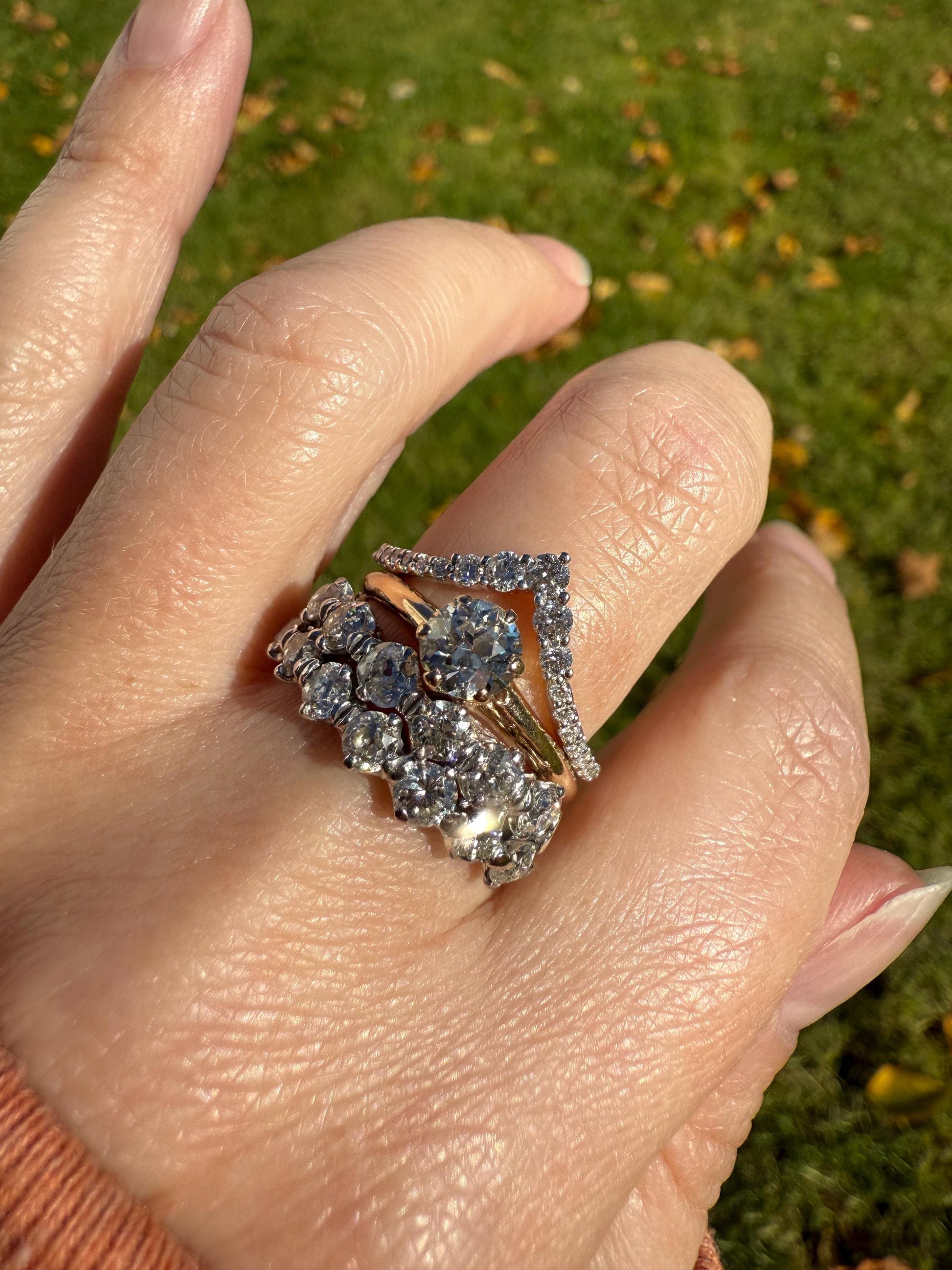 Vintage CHEVRON V Ring Graduated Brilliant Cut Diamonds Band 14k White Gold Ring Ultimate Stacker Crown Half Hoop Ringstack Unique Gift