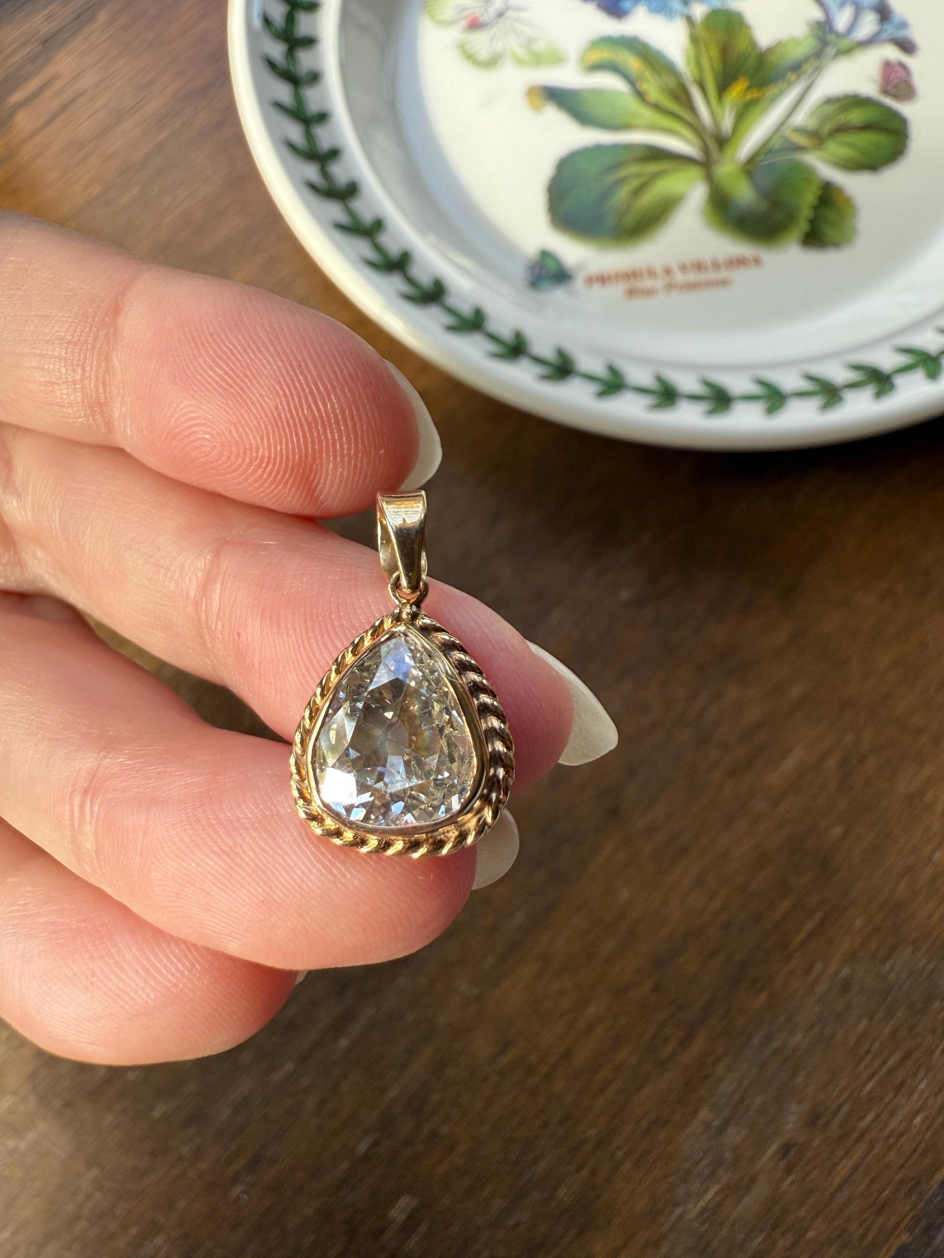 PEAR Antique Natural Old Mine Cut DIAMOND 2 Carats Chubby Pendant 14k Gold Bezel Set Retro Vintage Rope Detail Rare OMC Teardrop Drop Dangle