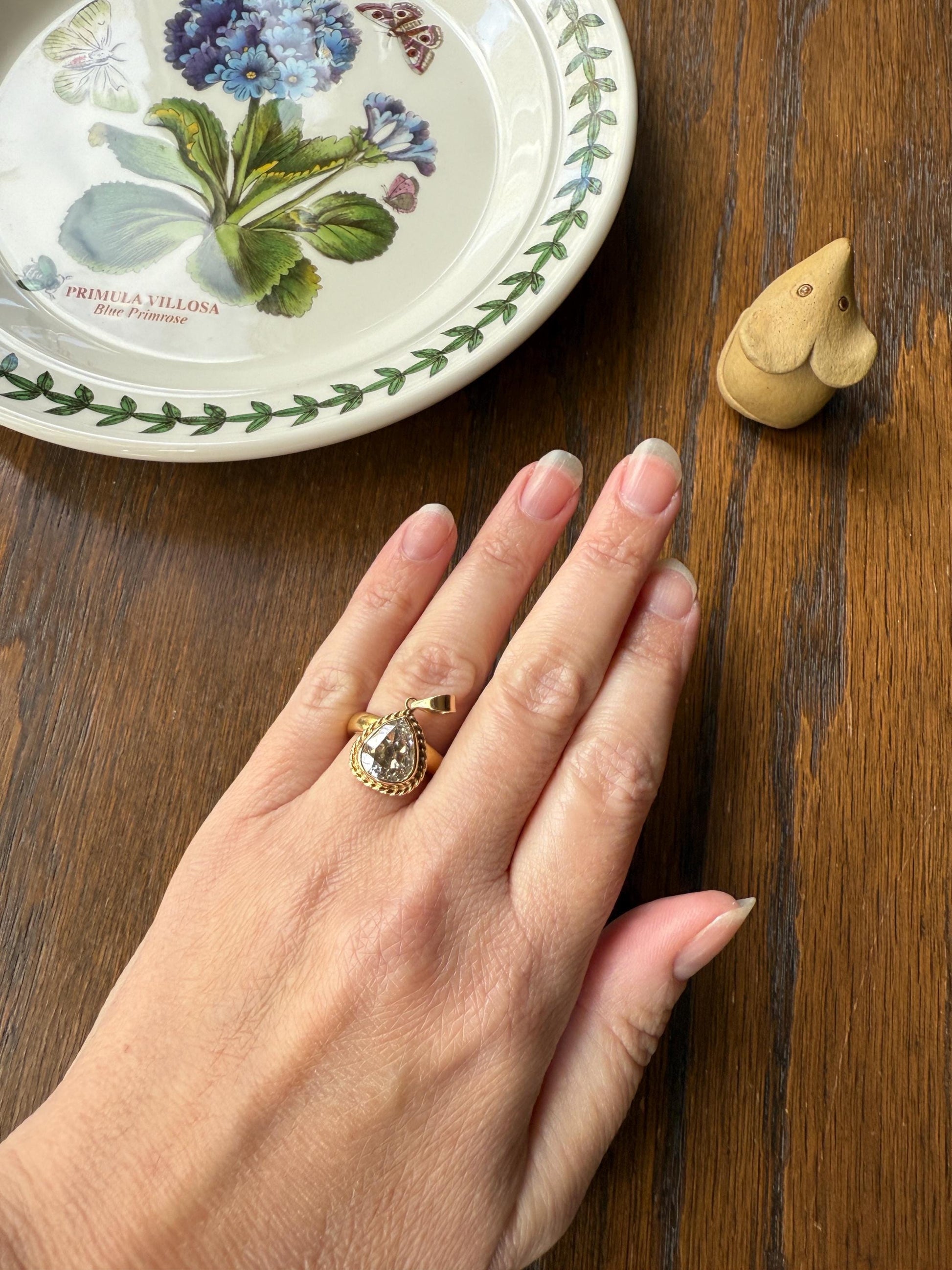 PEAR Antique Natural Old Mine Cut DIAMOND 2 Carats Chubby Pendant 14k Gold Bezel Set Retro Vintage Rope Detail Rare OMC Teardrop Drop Dangle