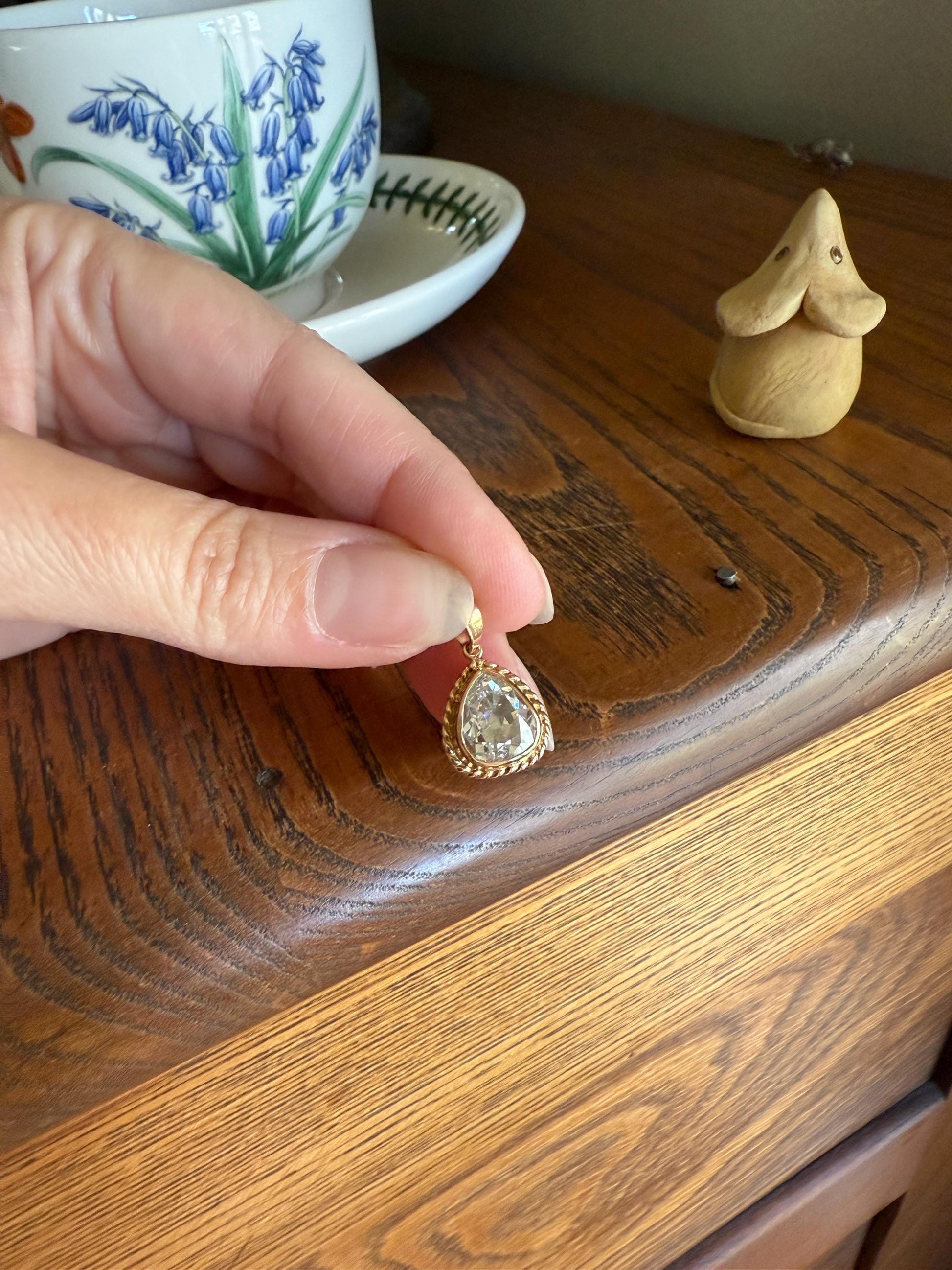 PEAR Antique Natural Old Mine Cut DIAMOND 2 Carats Chubby Pendant 14k Gold Bezel Set Retro Vintage Rope Detail Rare OMC Teardrop Drop Dangle