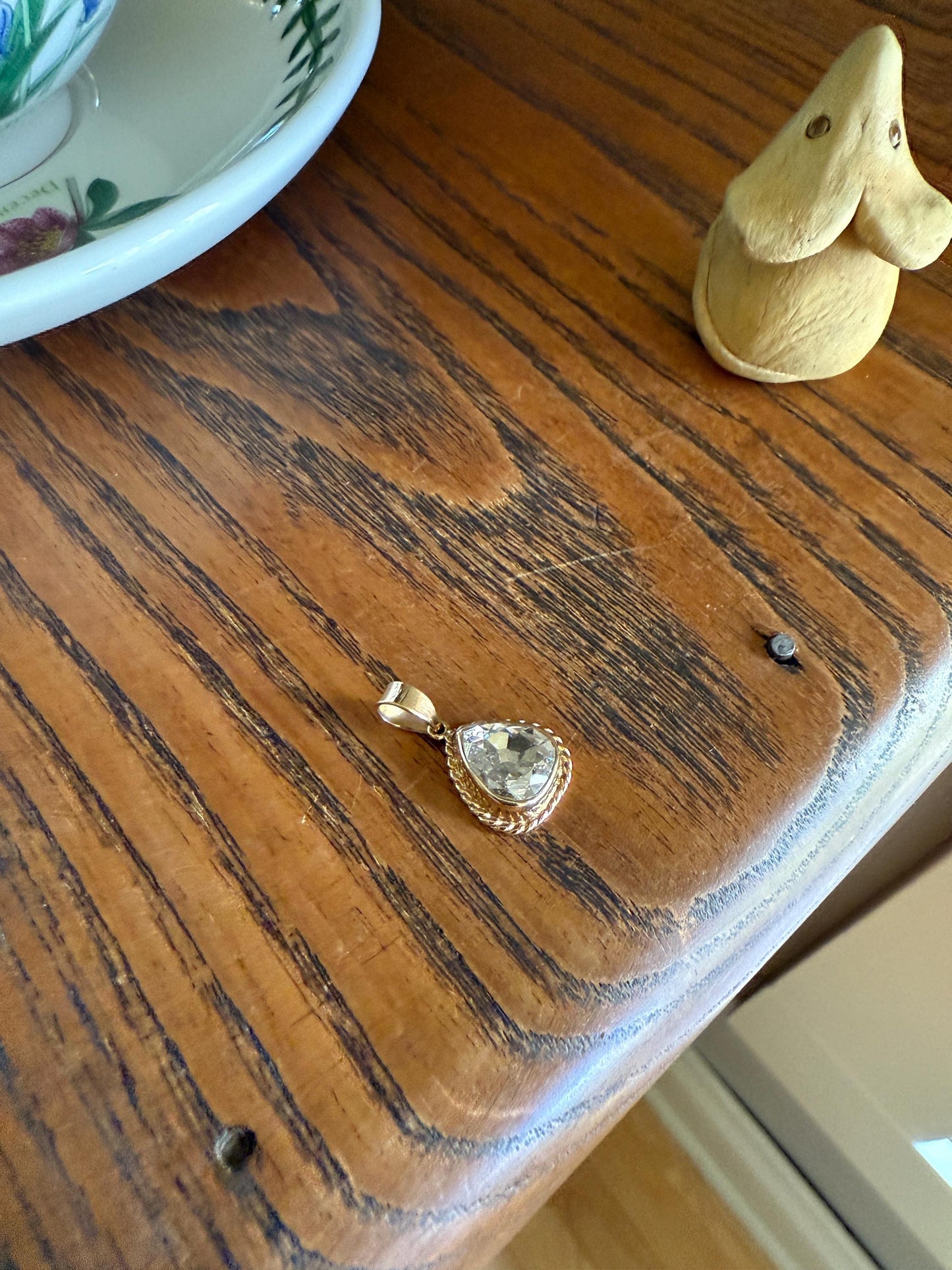 PEAR Antique Natural Old Mine Cut DIAMOND 2 Carats Chubby Pendant 14k Gold Bezel Set Retro Vintage Rope Detail Rare OMC Teardrop Drop Dangle