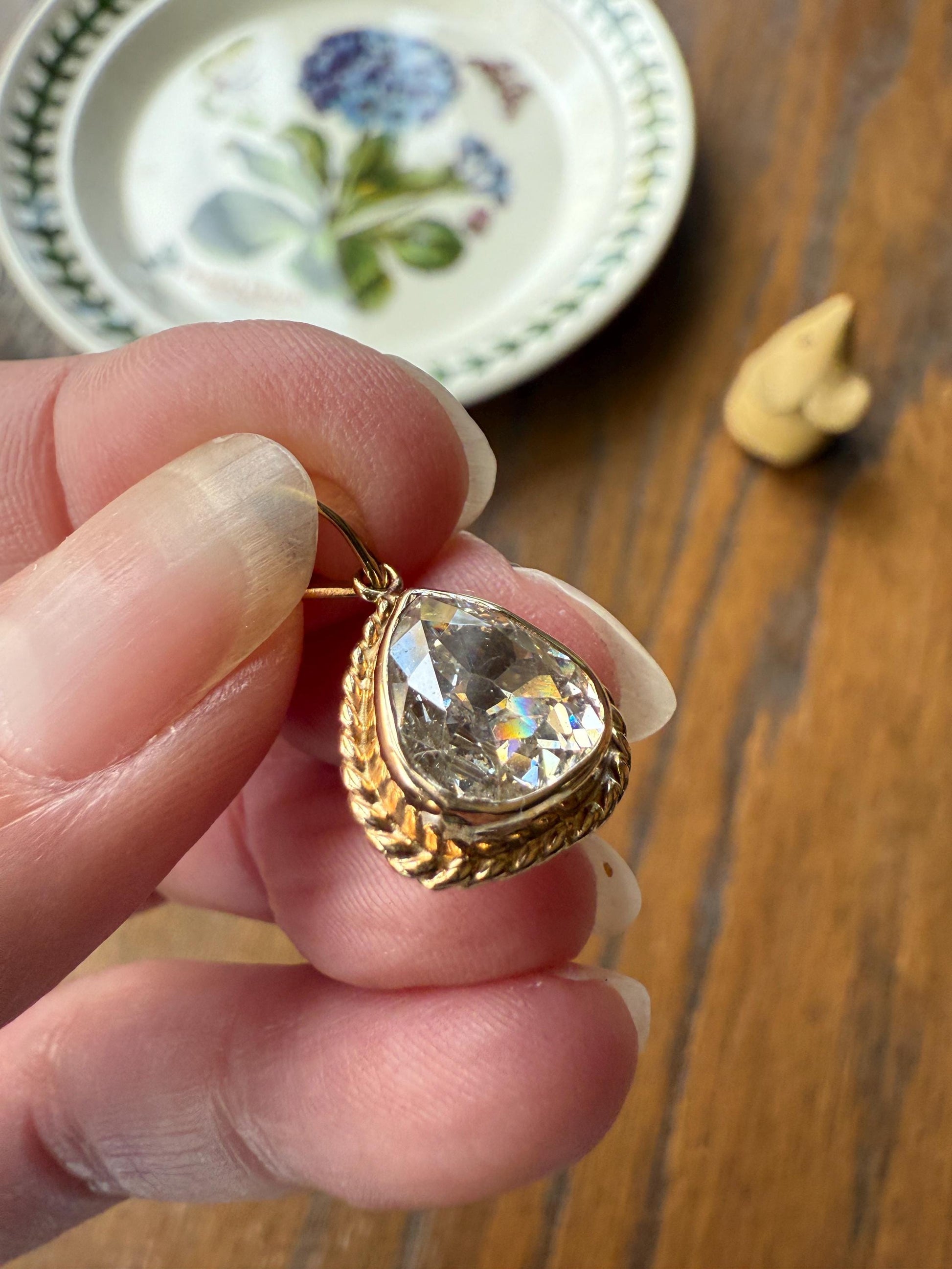 PEAR Antique Natural Old Mine Cut DIAMOND 2 Carats Chubby Pendant 14k Gold Bezel Set Retro Vintage Rope Detail Rare OMC Teardrop Drop Dangle