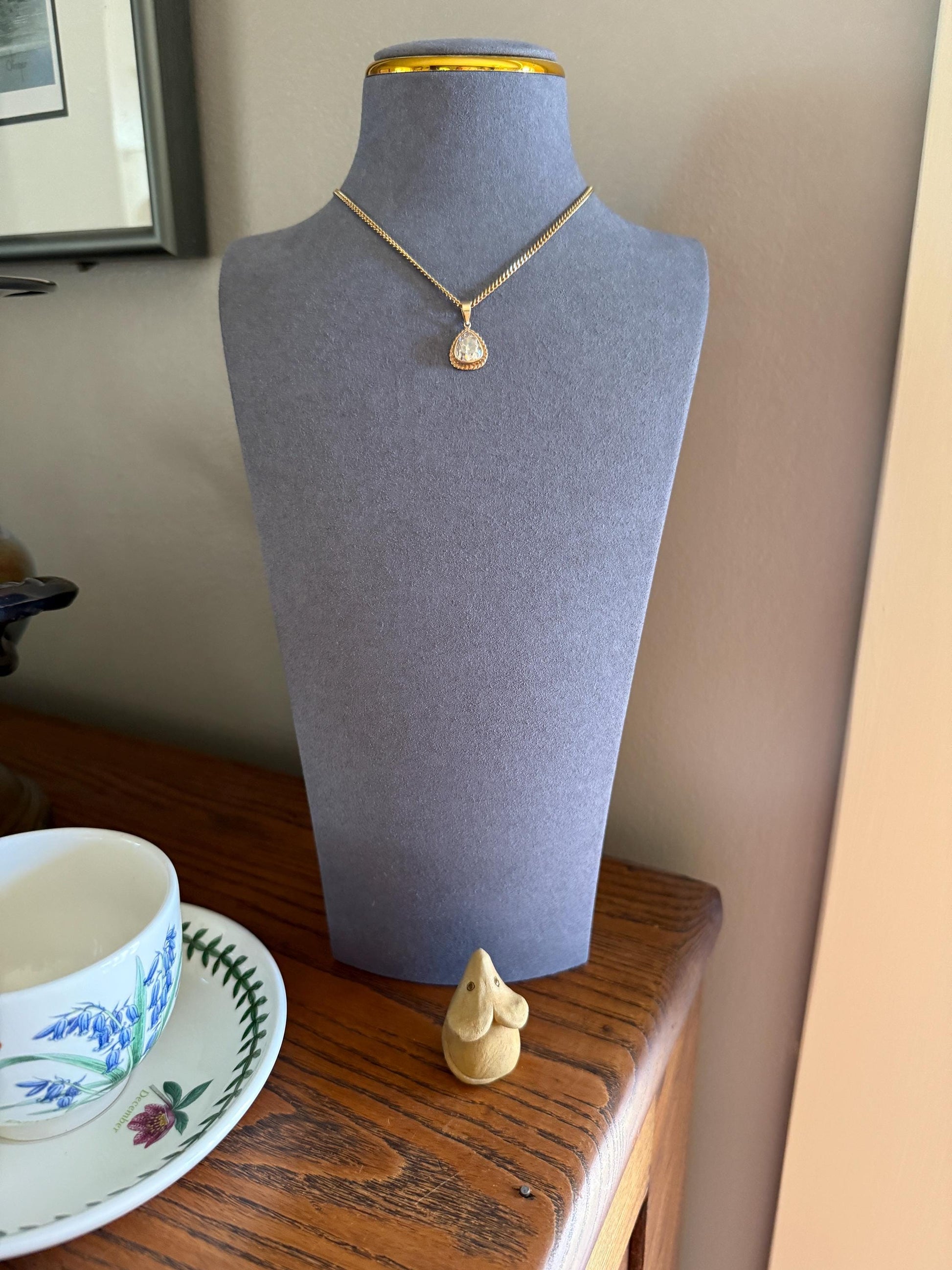 PEAR Antique Natural Old Mine Cut DIAMOND 2 Carats Chubby Pendant 14k Gold Bezel Set Retro Vintage Rope Detail Rare OMC Teardrop Drop Dangle