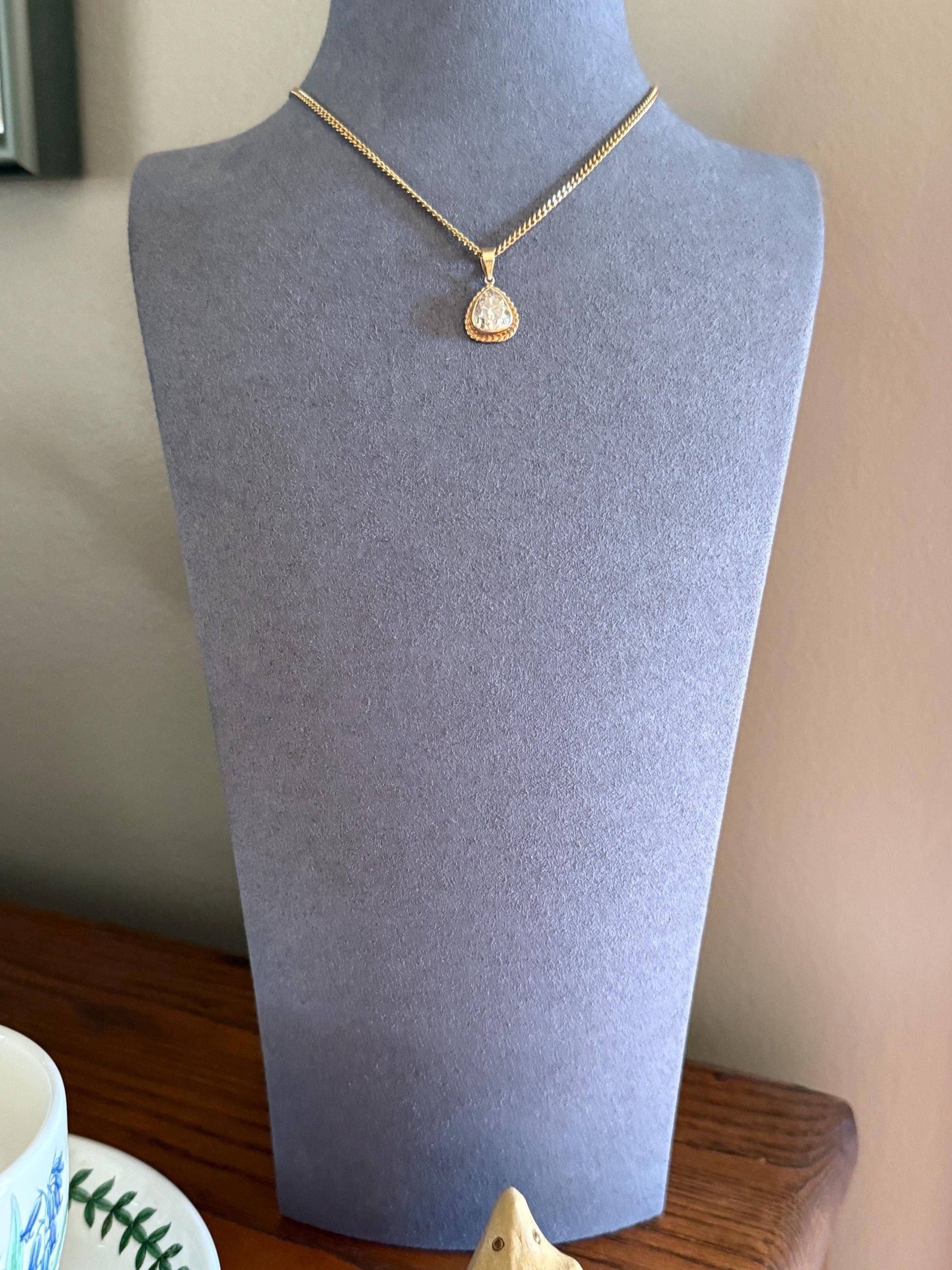 PEAR Antique Natural Old Mine Cut DIAMOND 2 Carats Chubby Pendant 14k Gold Bezel Set Retro Vintage Rope Detail Rare OMC Teardrop Drop Dangle