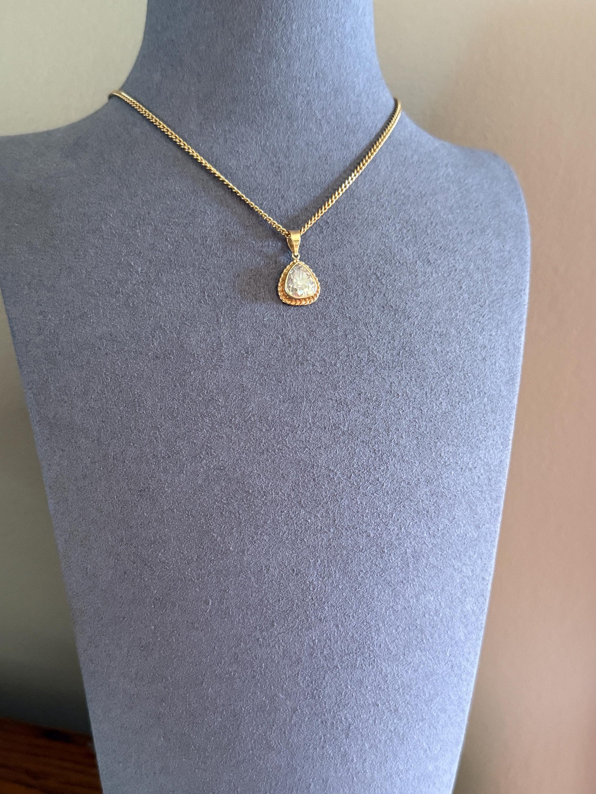 PEAR Antique Natural Old Mine Cut DIAMOND 2 Carats Chubby Pendant 14k Gold Bezel Set Retro Vintage Rope Detail Rare OMC Teardrop Drop Dangle