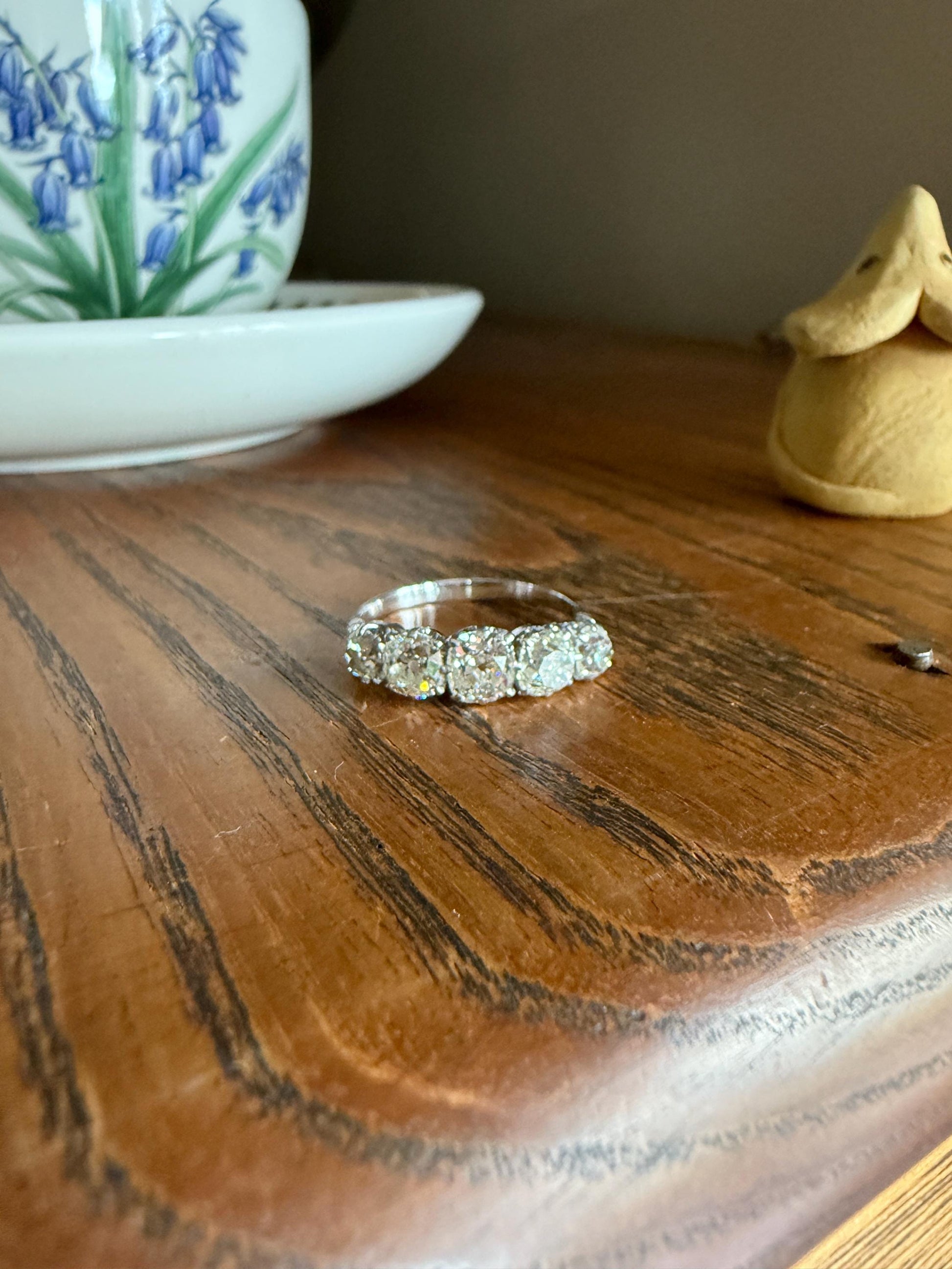 Fabulous 2.4 Carat Chunky Antique Natural Old Mine Cut DIAMOND Eye Clean Five Stone Band French 18k White Gold Platinum Solid Stacker Gift