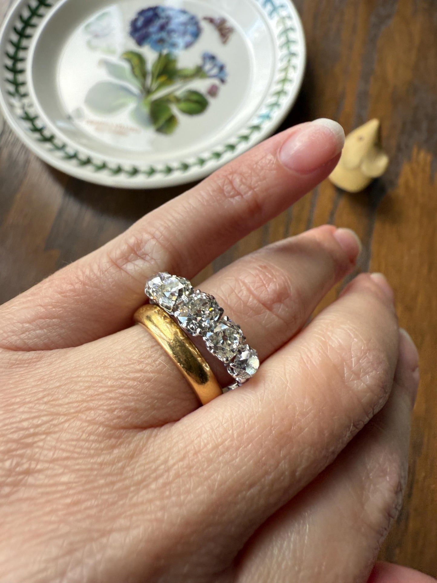 Fabulous 2.4 Carat Chunky Antique Natural Old Mine Cut DIAMOND Eye Clean Five Stone Band French 18k White Gold Platinum Solid Stacker Gift