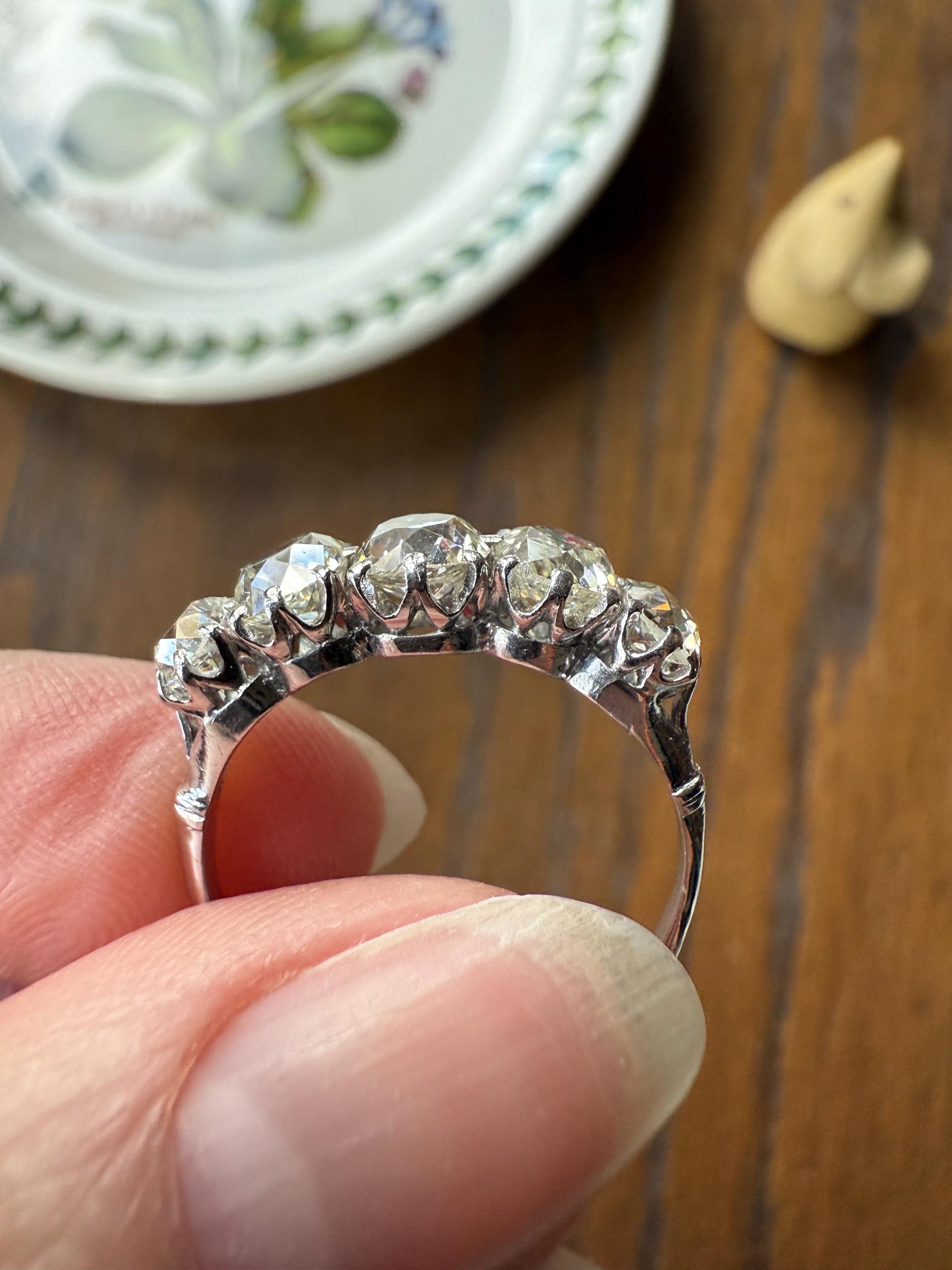 Fabulous 2.4 Carat Chunky Antique Natural Old Mine Cut DIAMOND Eye Clean Five Stone Band French 18k White Gold Platinum Solid Stacker Gift