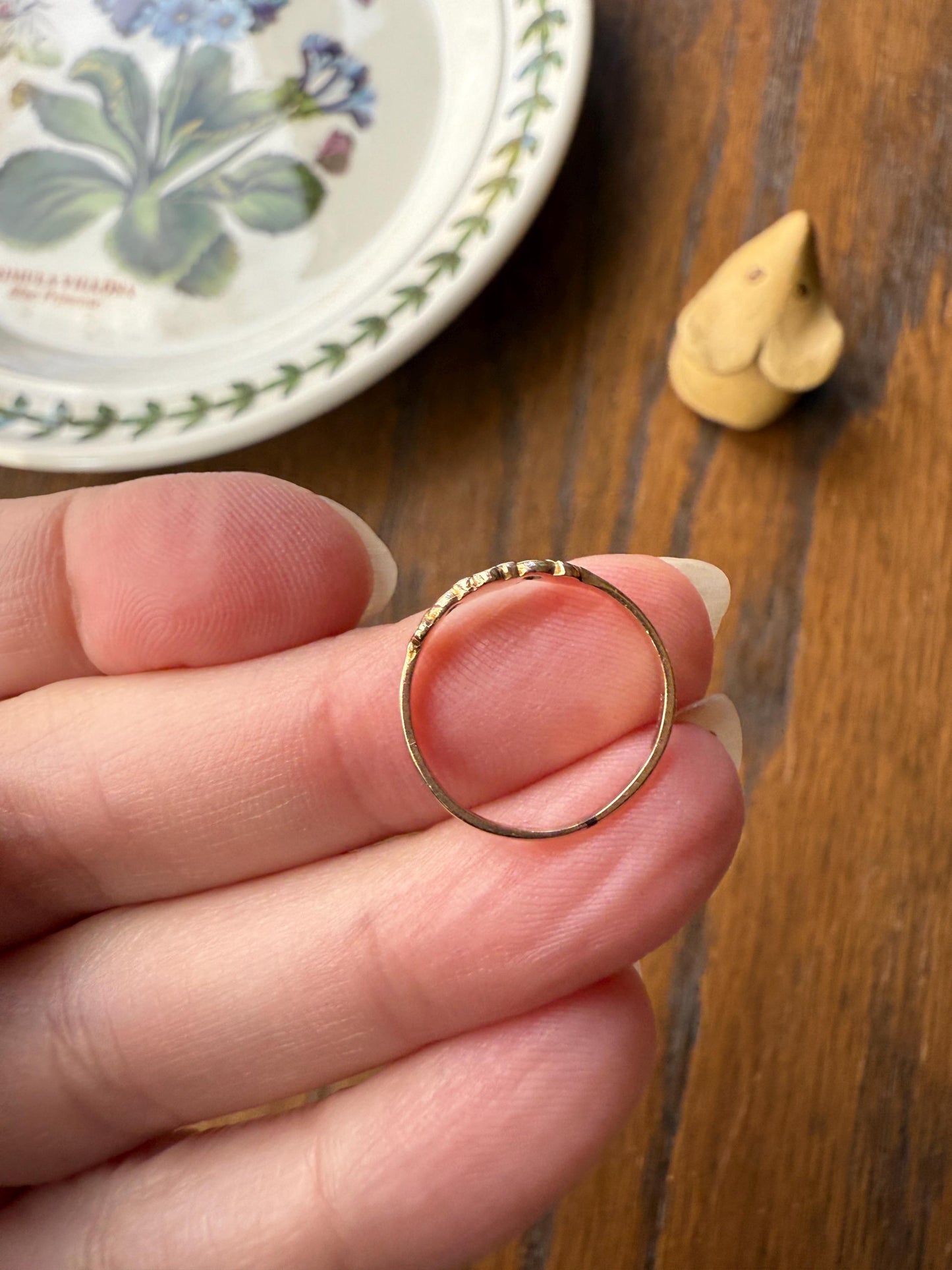 Twinning with Mouse Antique Forget Me Not Ring Floral Pinky Midi Band Dainty 10k Gold Robin Egg Blue Enamel Figural Three Flowers Baby Child