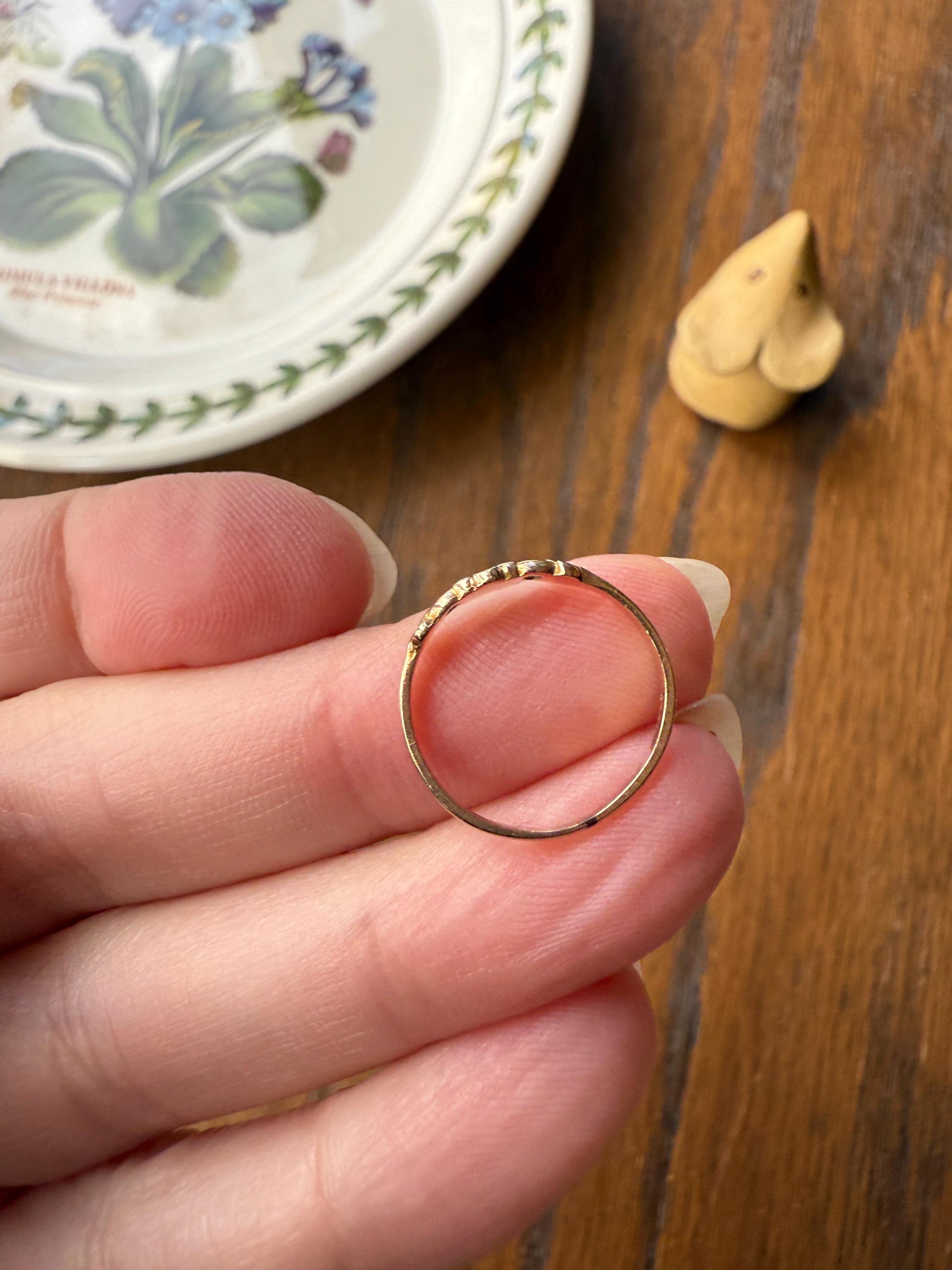 Twinning with Mouse Antique Forget Me Not Ring Floral Pinky Midi Band Dainty 10k Gold Robin Egg Blue Enamel Figural Three Flowers Baby Child