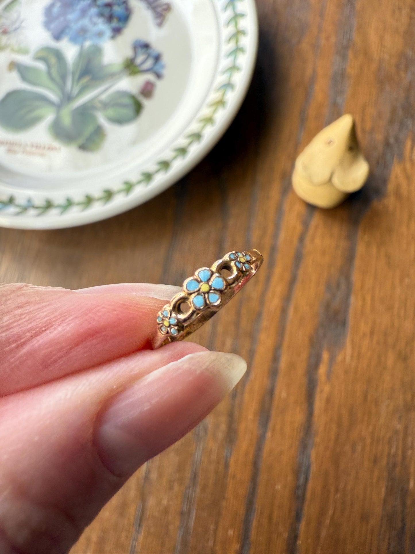 Twinning with Mouse Antique Forget Me Not Ring Floral Pinky Midi Band Dainty 10k Gold Robin Egg Blue Enamel Figural Three Flowers Baby Child