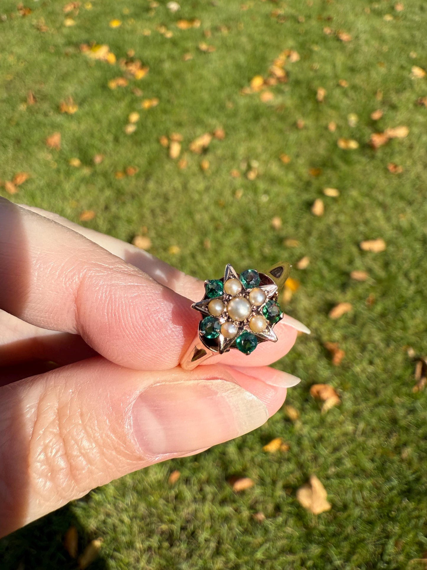 STAR Victorian Pearl Green Emerald? Doublet Figural Ring Stacker 14k Rosy Gold Band Unique Gift Celestial Tourmaline?