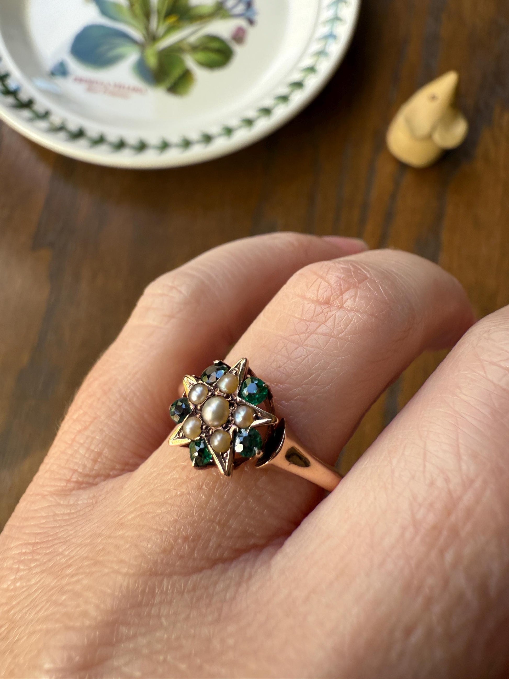 STAR Victorian Pearl Green Emerald? Doublet Figural Ring Stacker 14k Rosy Gold Band Unique Gift Celestial Tourmaline?