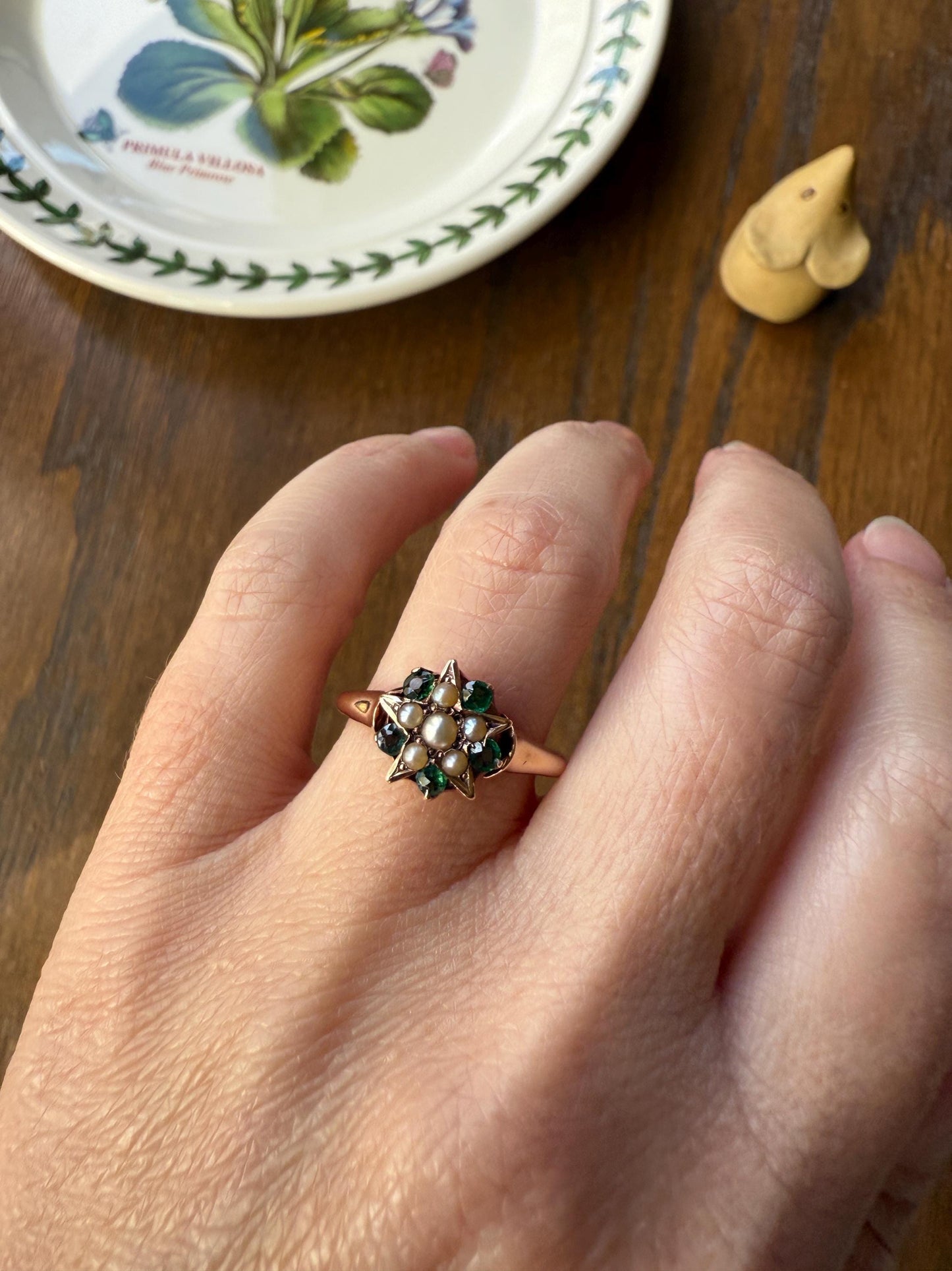 STAR Victorian Pearl Green Emerald? Doublet Figural Ring Stacker 14k Rosy Gold Band Unique Gift Celestial Tourmaline?