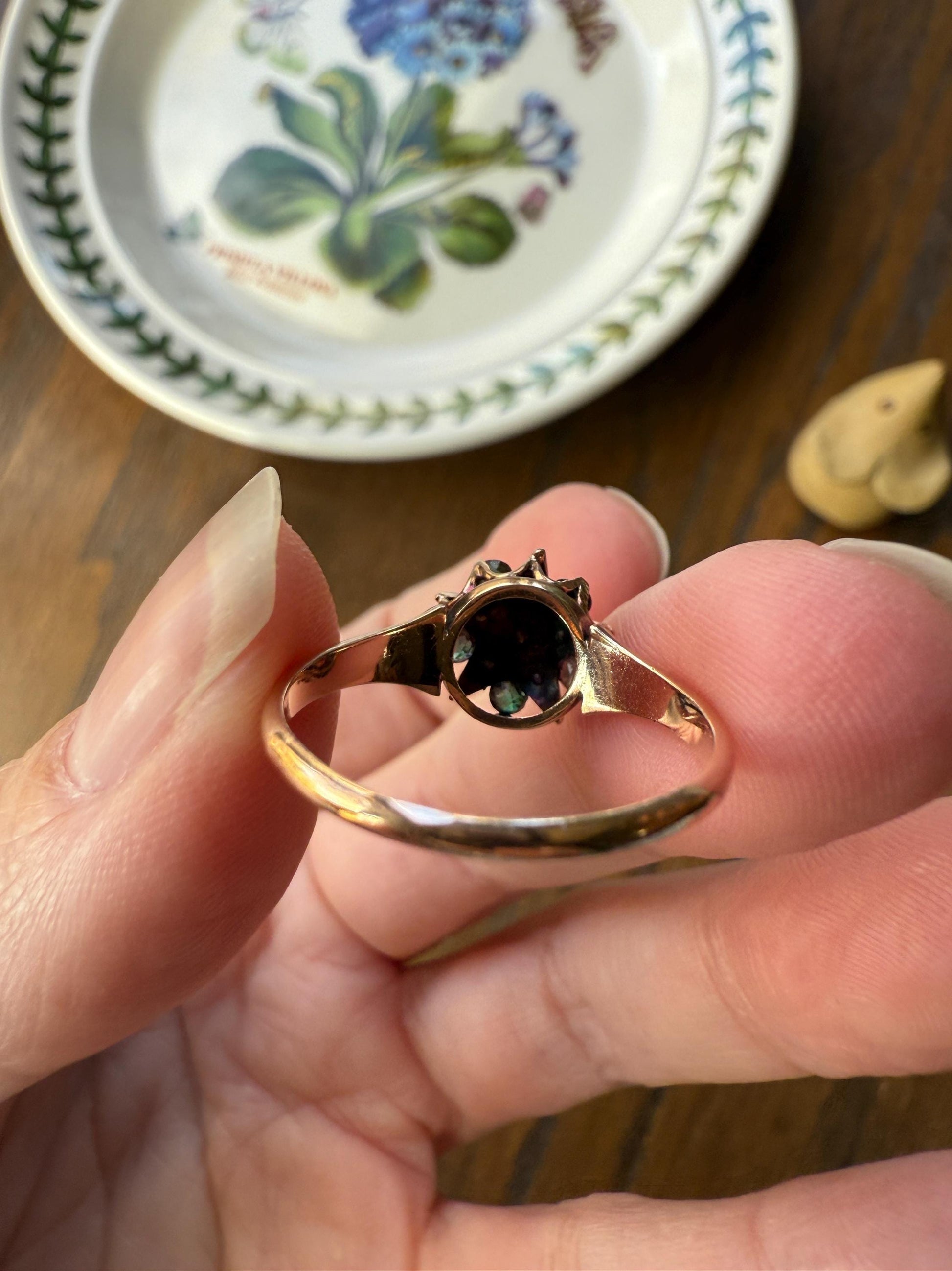 STAR Victorian Pearl Green Emerald? Doublet Figural Ring Stacker 14k Rosy Gold Band Unique Gift Celestial Tourmaline?