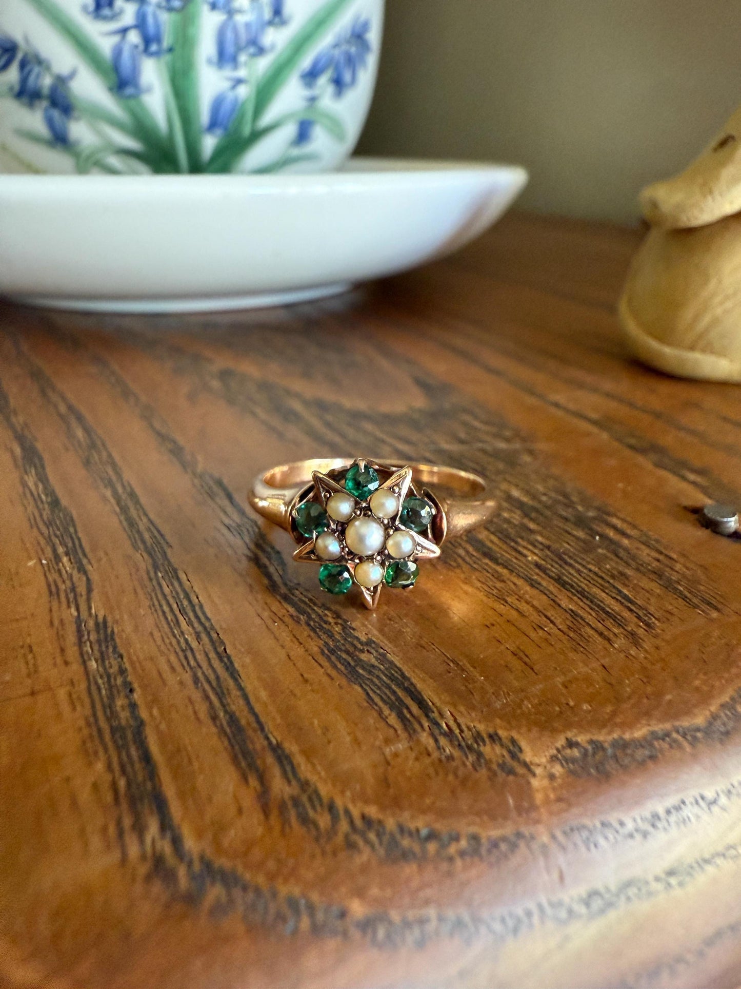 STAR Victorian Pearl Green Emerald? Doublet Figural Ring Stacker 14k Rosy Gold Band Unique Gift Celestial Tourmaline?