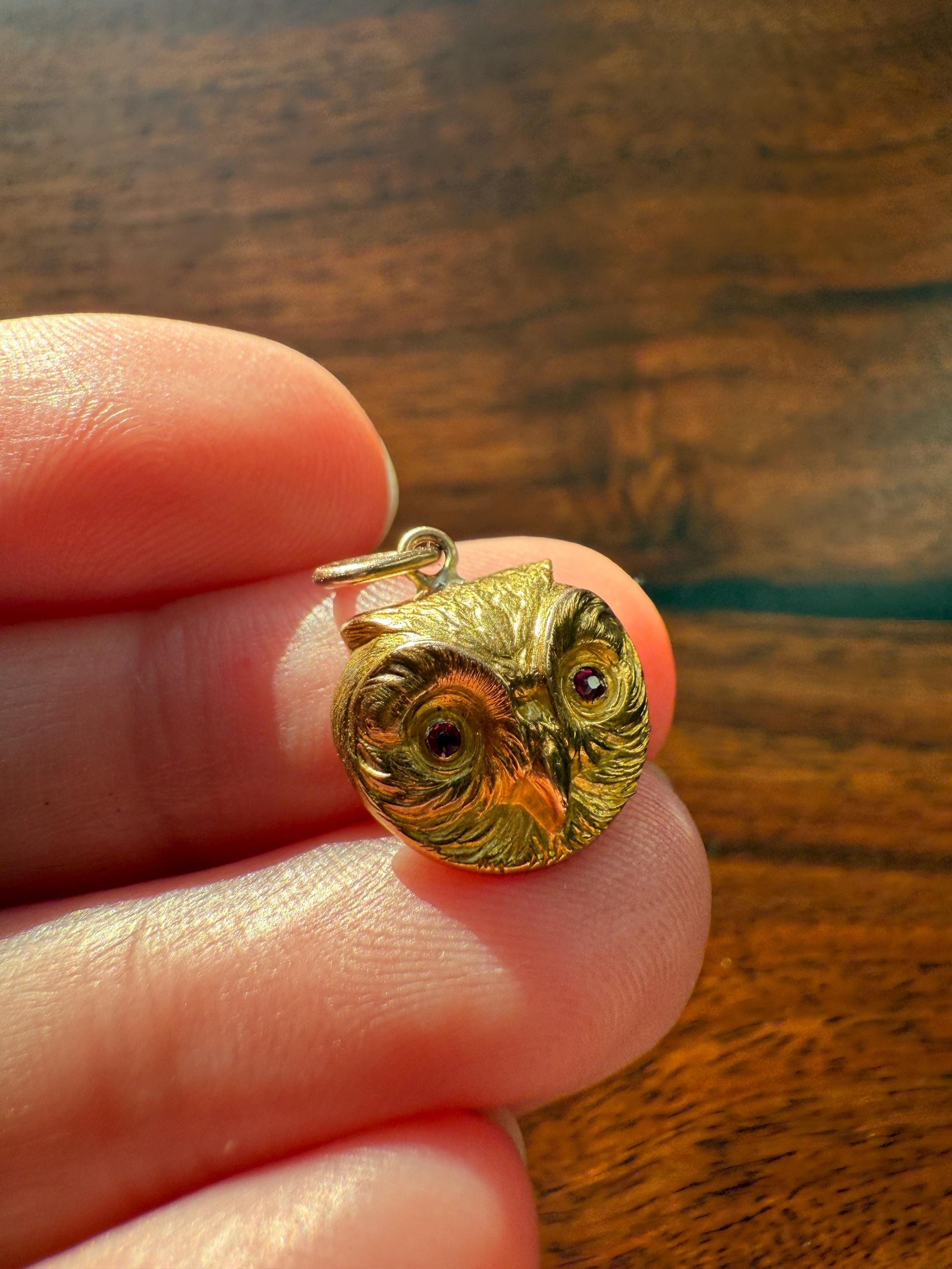 OWL 3D French Antique Victorian 18k Gold Figural Pendant Ruby Eyes Belle Epoque Necklace Bracelet Charm Animal Jewelry Wisdom Belle Epoque