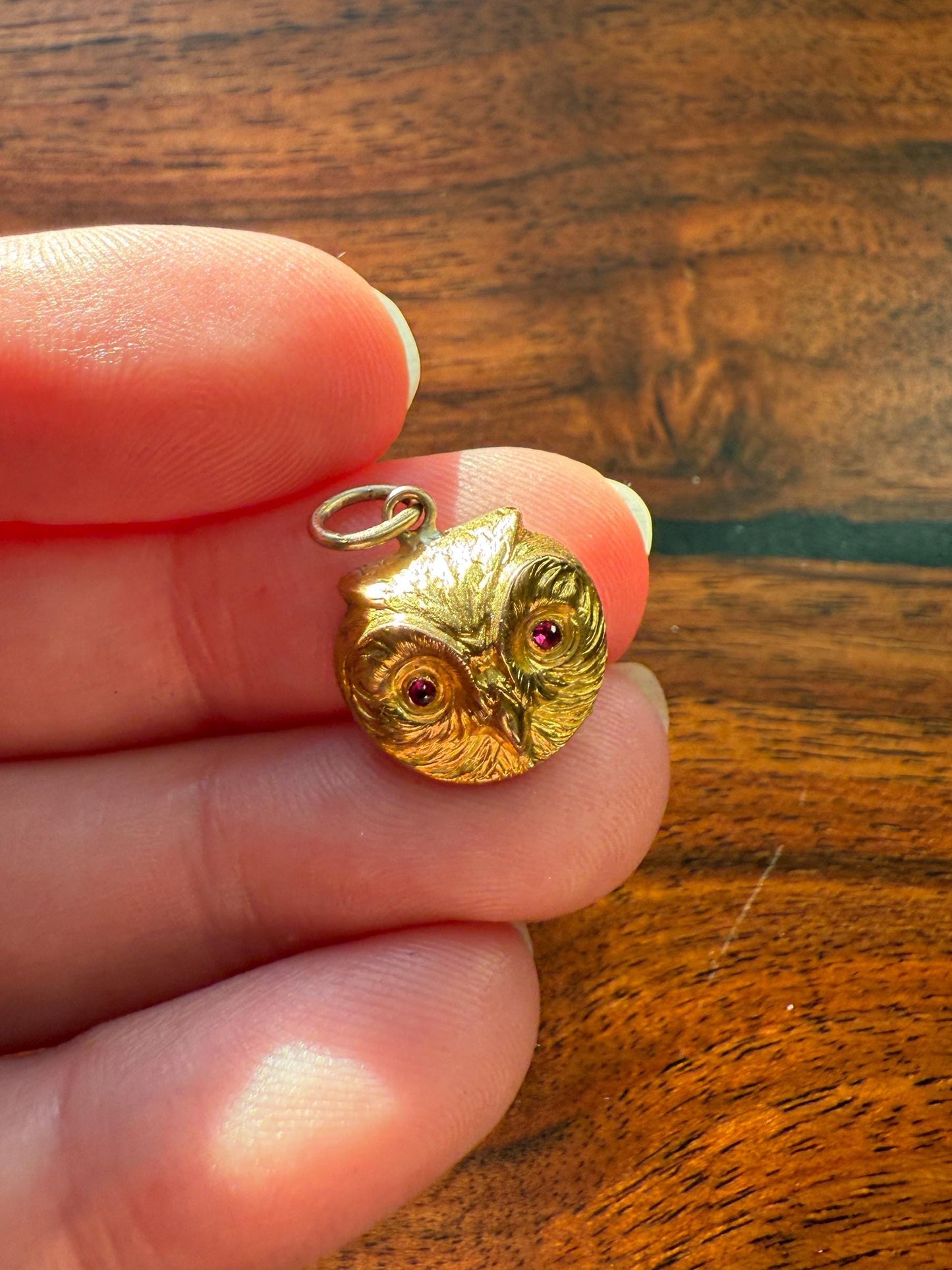 OWL 3D French Antique Victorian 18k Gold Figural Pendant Ruby Eyes Belle Epoque Necklace Bracelet Charm Animal Jewelry Wisdom Belle Epoque