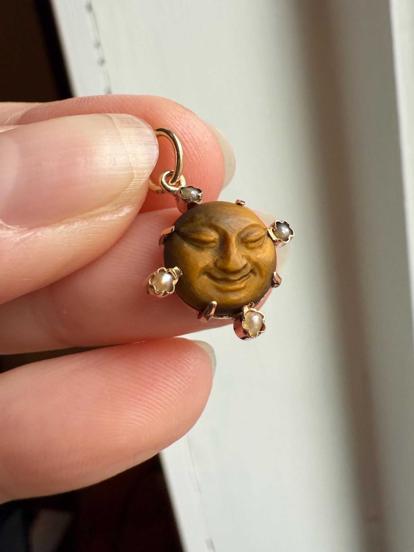 MOON Antique Carve Catseye Chyrsoberyl Pearl Smiling Man Face French Victorian 18k Gold Figural Pendant Belle Epoque Necklace Bracelet Charm