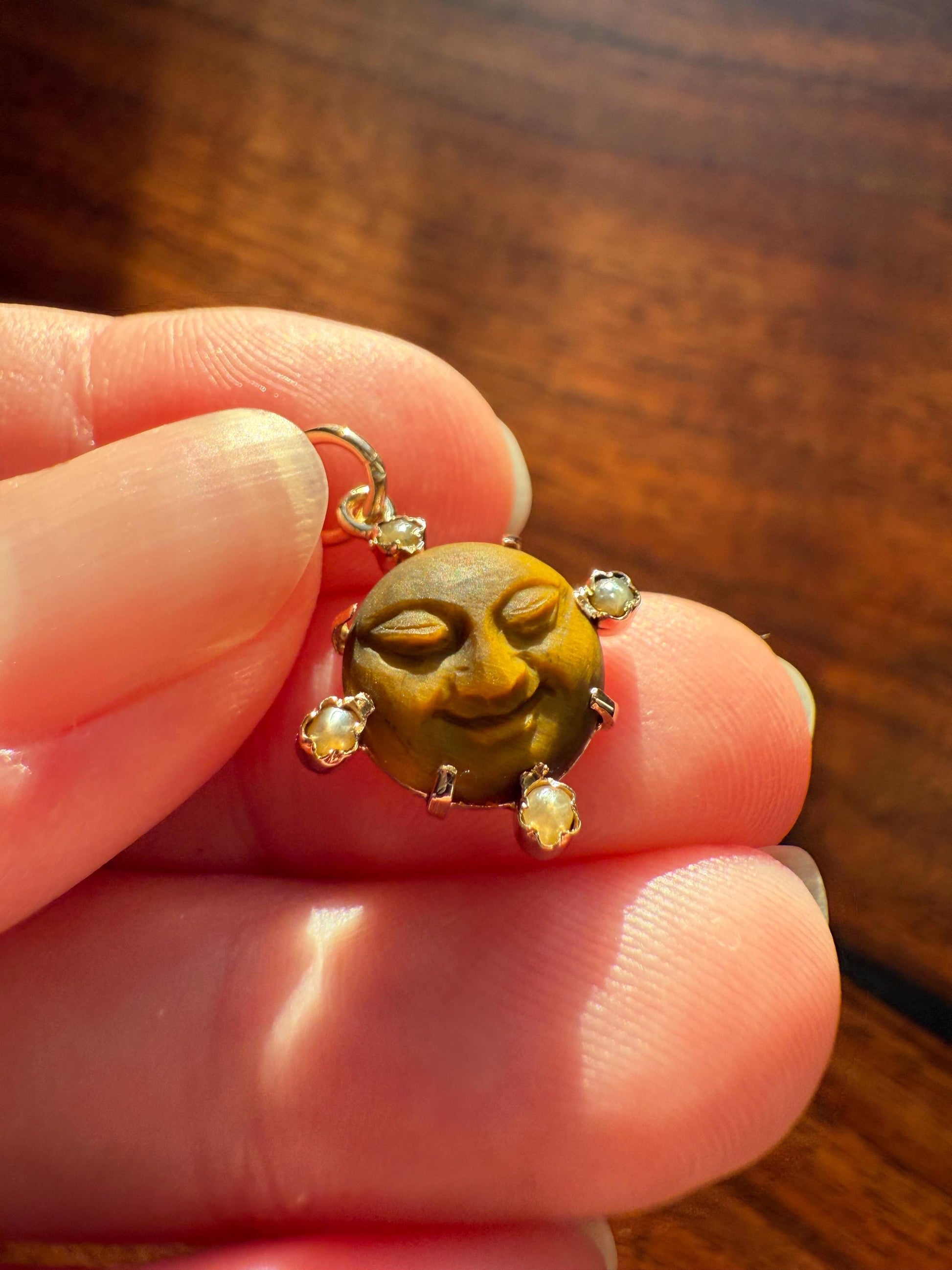 MOON Antique Carve Catseye Chyrsoberyl Pearl Smiling Man Face French Victorian 18k Gold Figural Pendant Belle Epoque Necklace Bracelet Charm